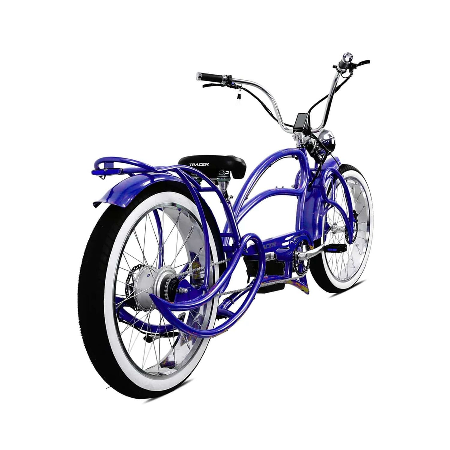 Tracer Beyond Pro Classic Stretch Chopper Electric Bike in vibrant blue color, showcasing its stylish design and unique features.