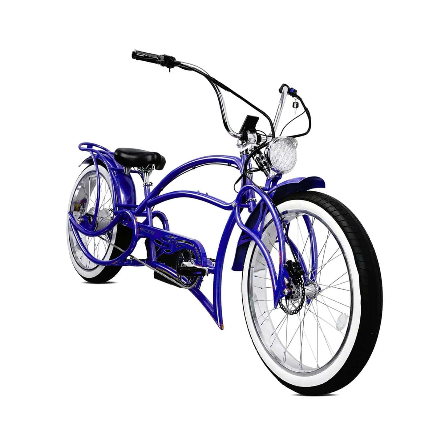 Tracer Beyond Pro Classic Stretch Chopper Electric Bike in vibrant blue color with unique design and LED headlight.