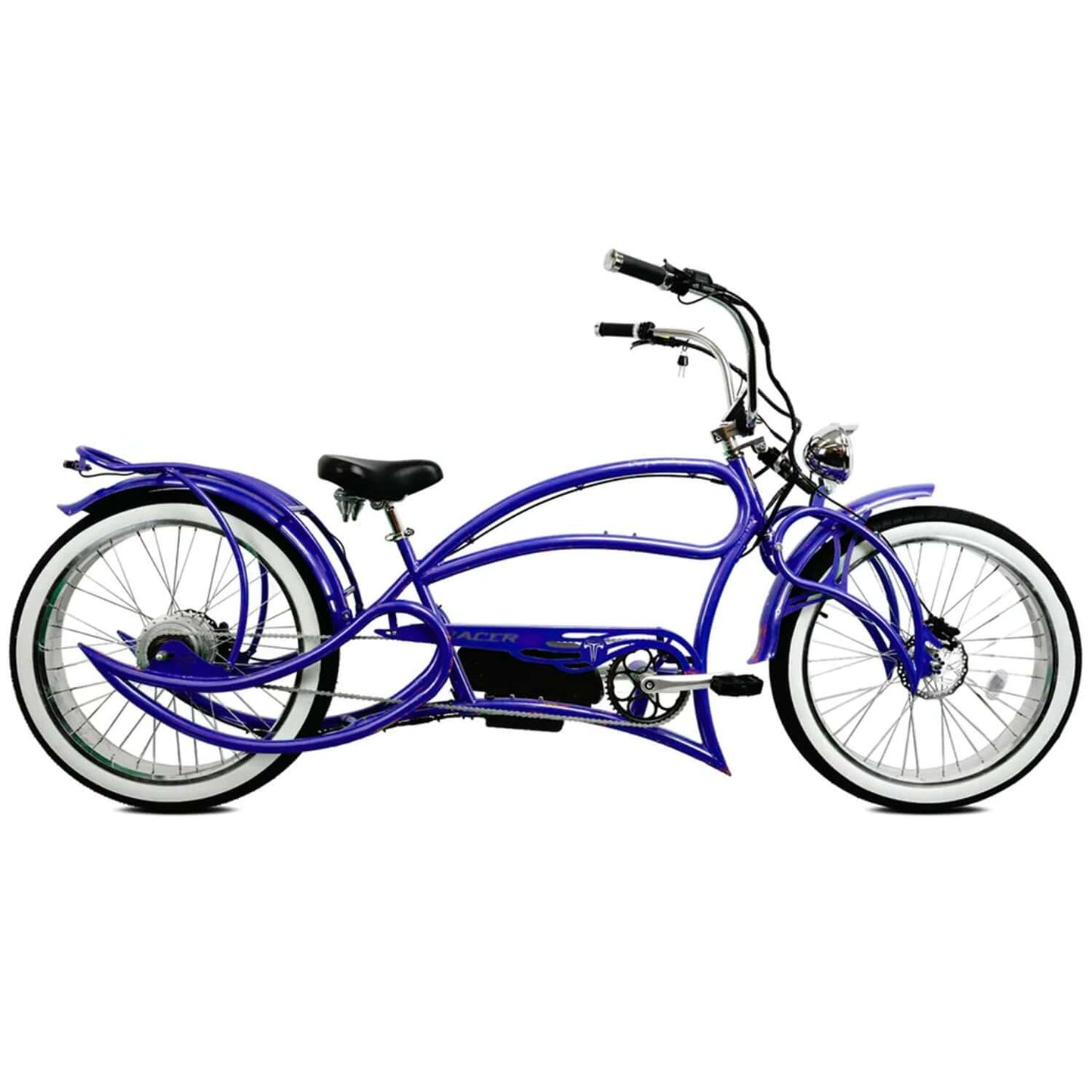 Tracer Beyond Pro Classic Stretch Chopper Electric Bike in vibrant purple color with unique frame design.