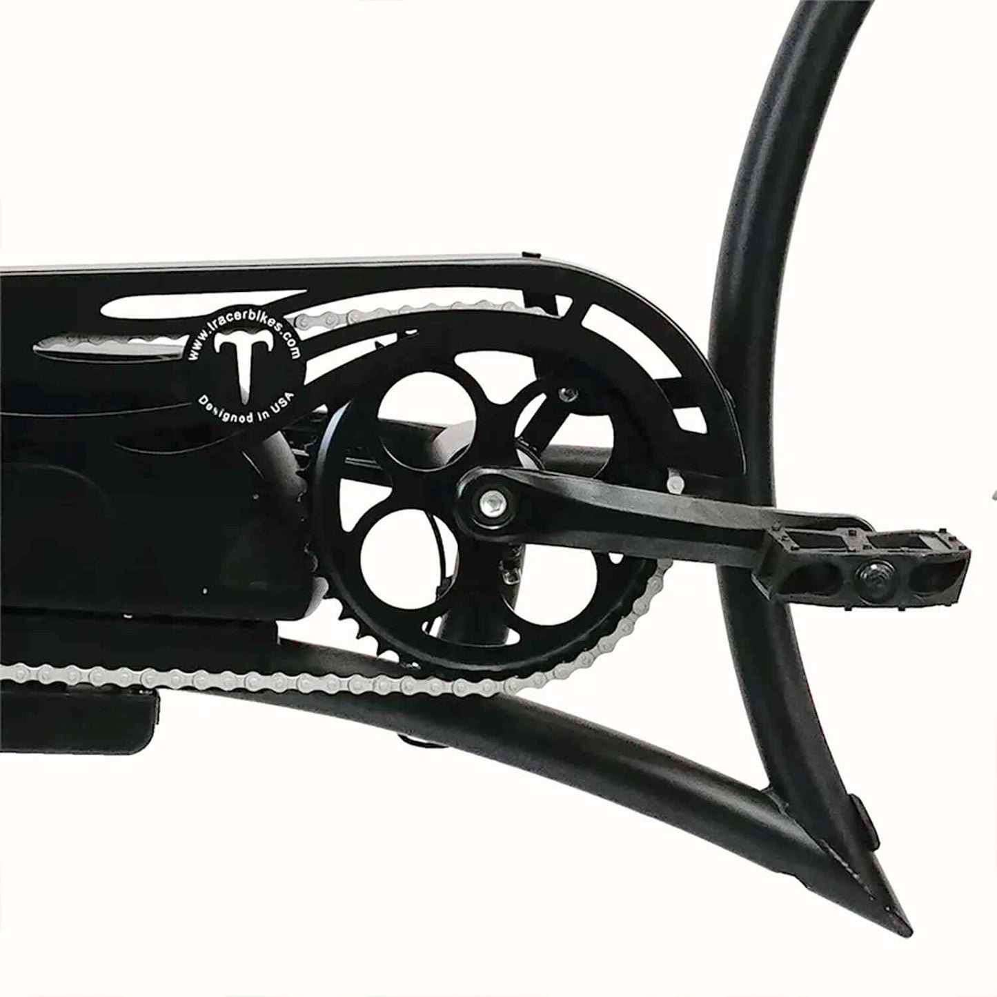Close-up of the drivetrain on the Tracer Beyond Pro Classic Stretch Chopper Electric Bike showcasing its gears and chain.