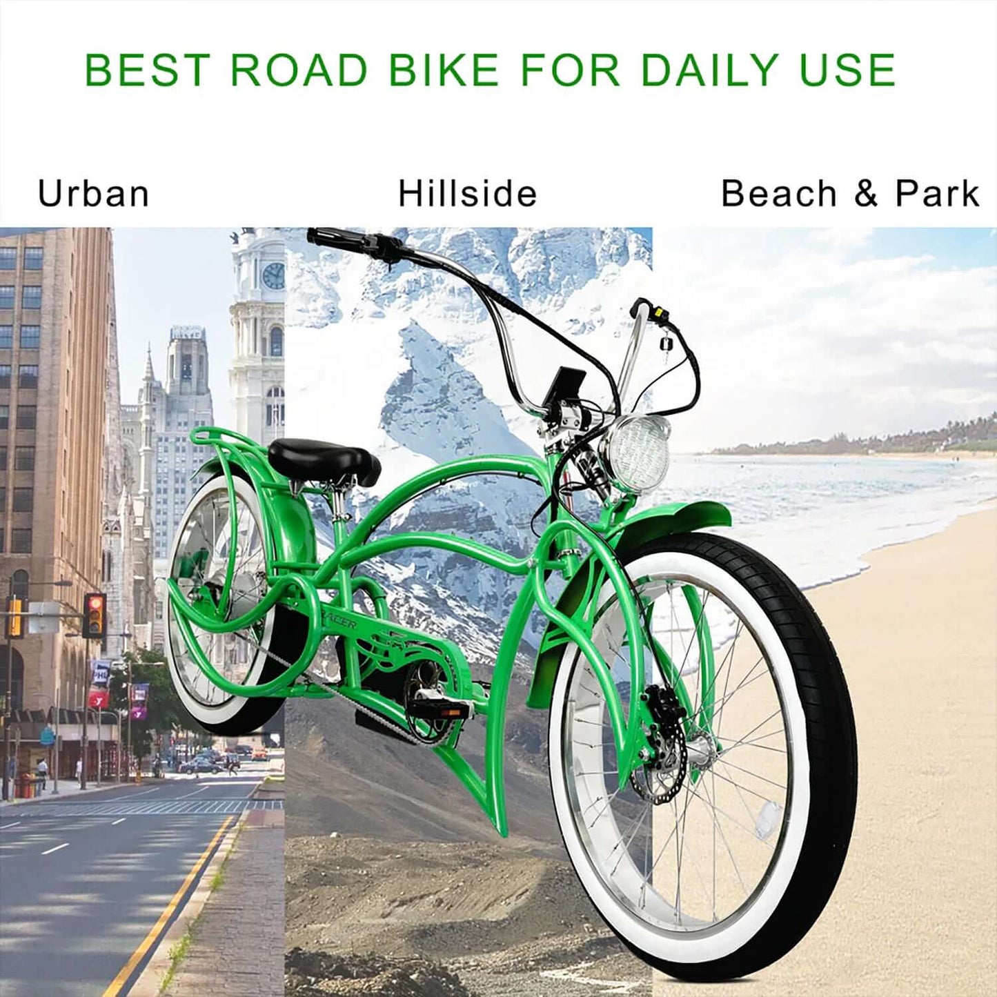 Tracer Beyond Pro Classic Stretch Chopper Electric Bike showcased for urban, hillside, and beach use.