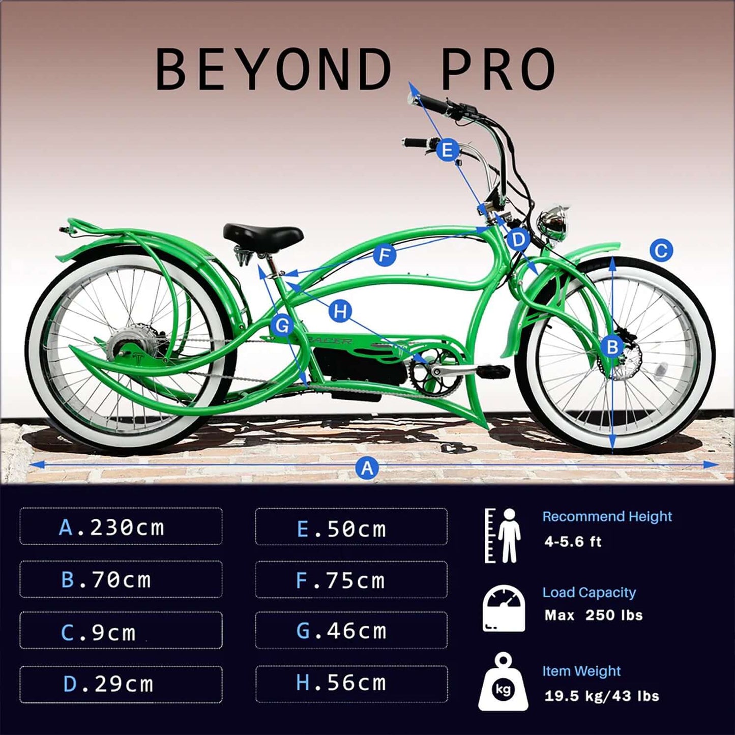 Tracer Beyond Pro Classic Stretch Chopper Electric Bike dimensions and specifications diagram.