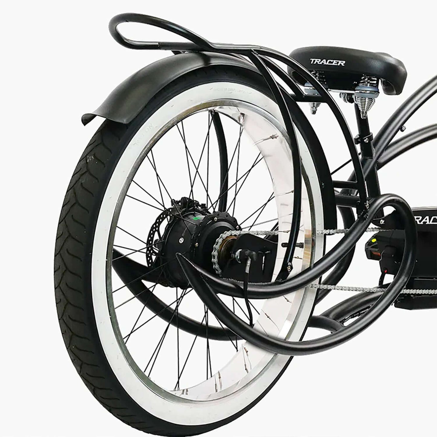 Close-up of the rear wheel and hub of the Tracer Beyond Pro Classic Stretch Chopper Electric Bike.