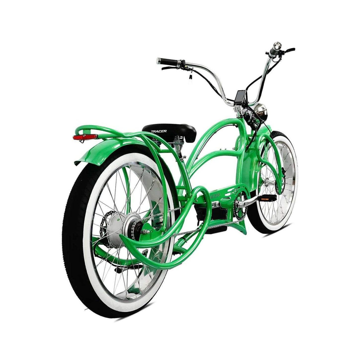 Tracer Beyond Pro Classic Stretch Chopper Electric Bike in green with white tires and retro design.