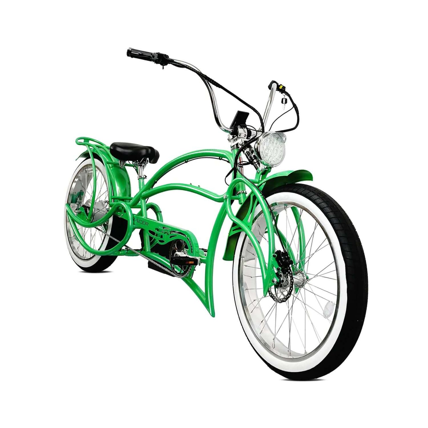 Tracer Beyond Pro Classic Stretch Chopper Electric Bike in vibrant green color with unique design.