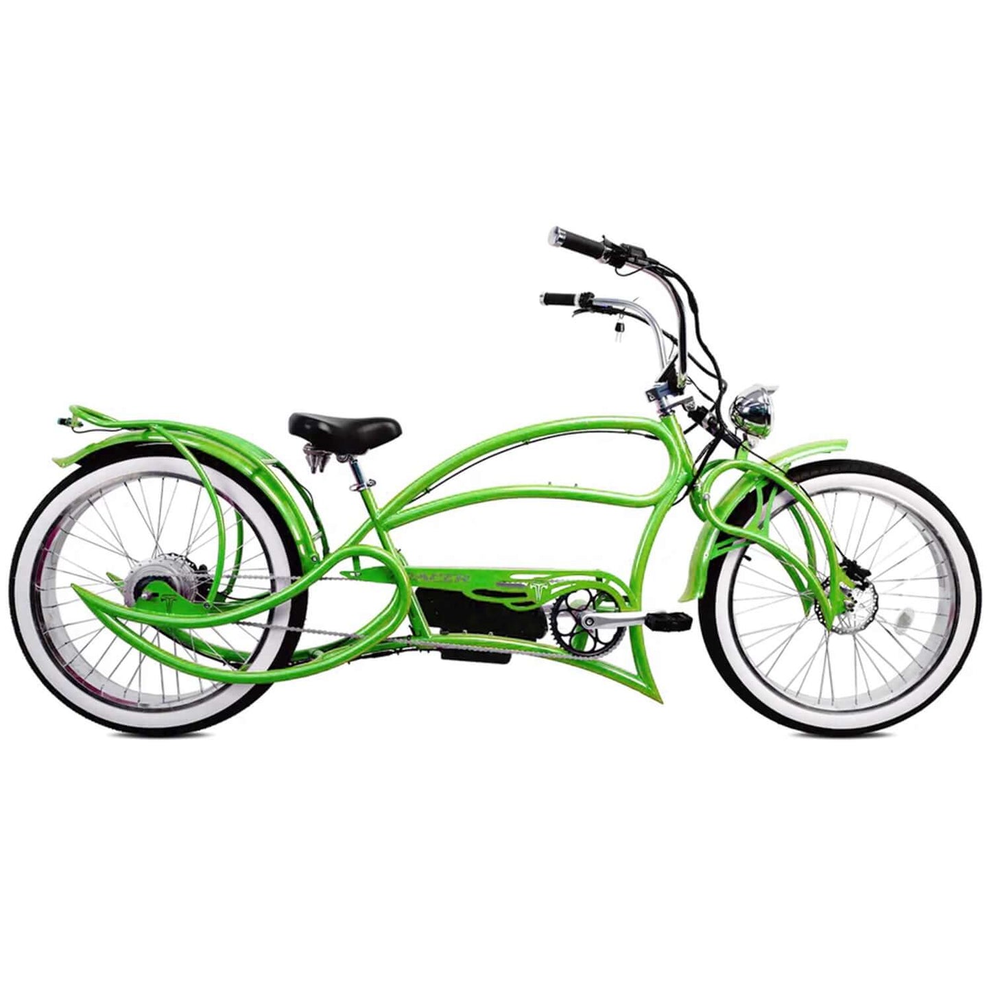 Tracer Beyond Pro Classic Stretch Chopper Electric Bike in vibrant green color, showcasing its unique design and electric features.