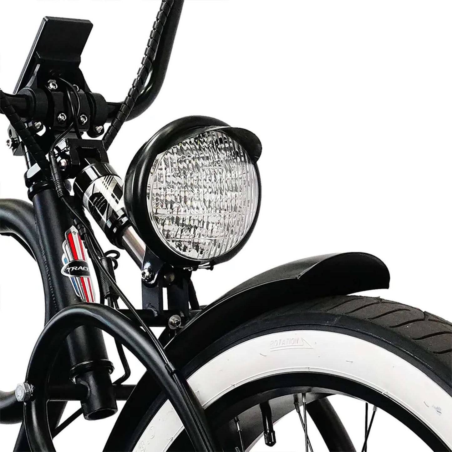 Tracer Beyond Pro Classic Stretch Chopper Electric Bike front light and wheel detail.