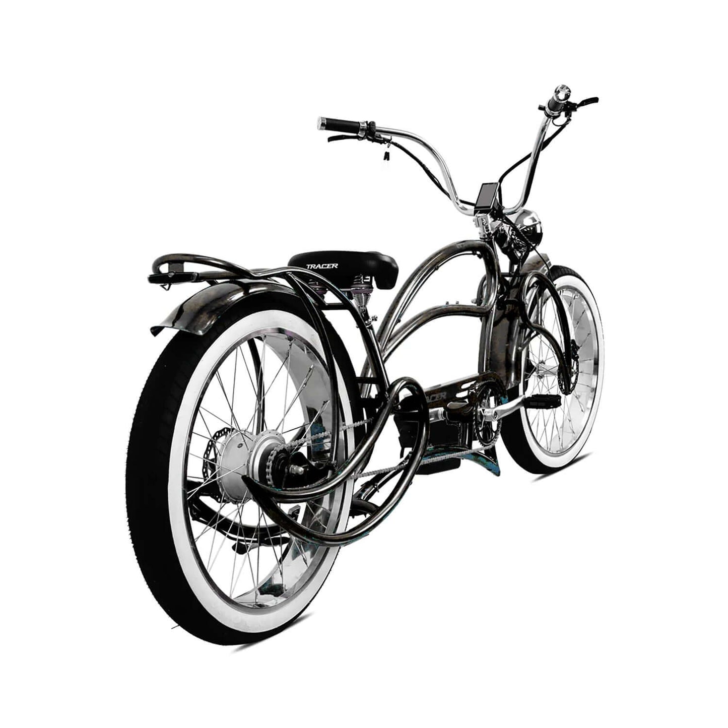 Tracer Beyond Pro Classic Stretch Chopper Electric Bike view from rear with chrome finish and whitewall tires.