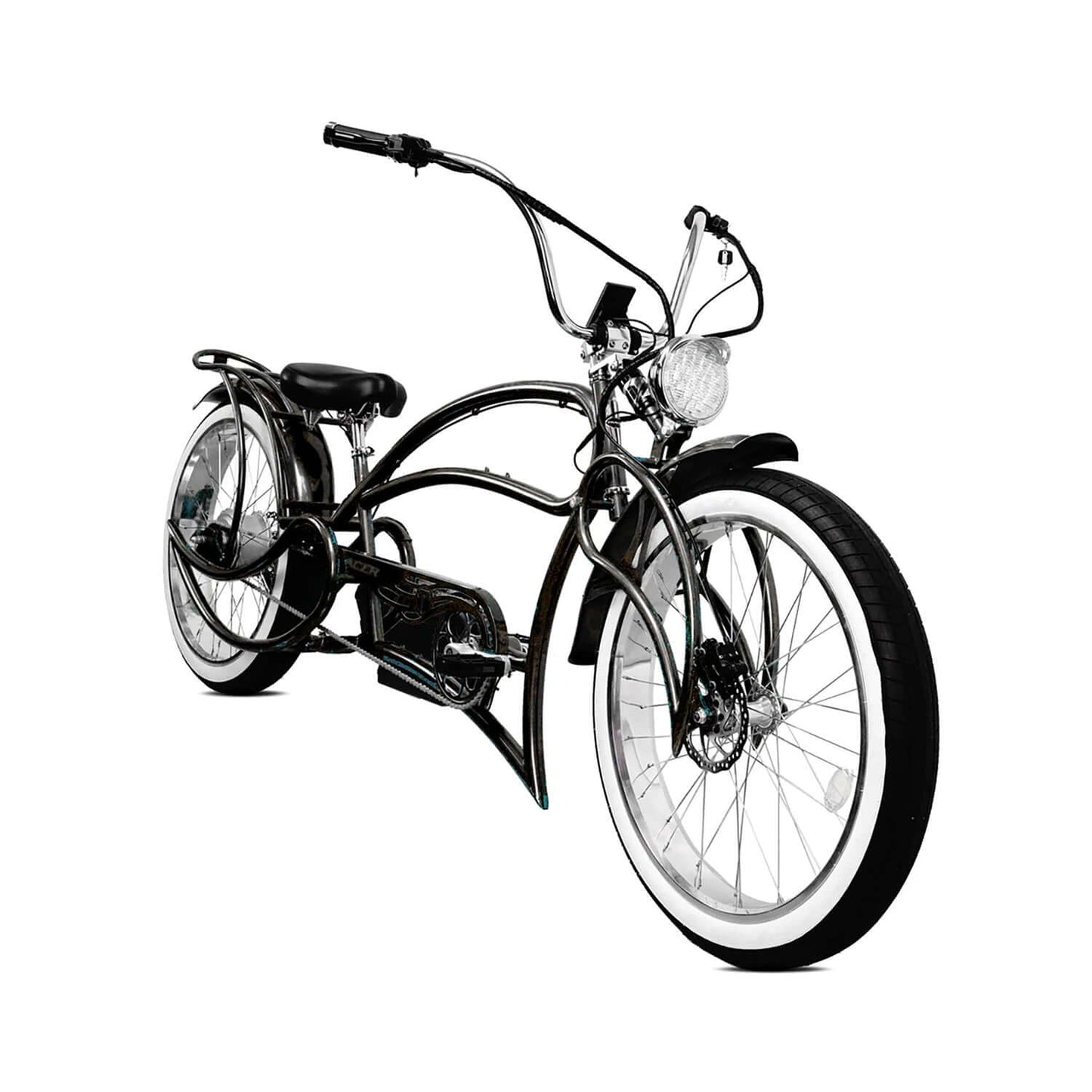 Tracer Beyond Pro Classic Stretch Chopper Electric Bike in sleek black design with wide tires and vintage style.