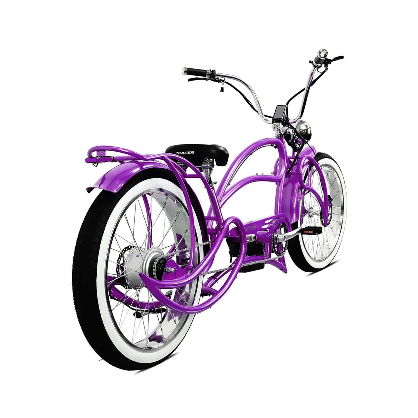 Tracer Beyond Pro Classic Stretch Chopper Electric Bike in vibrant purple, showcasing sleek design and unique styling.