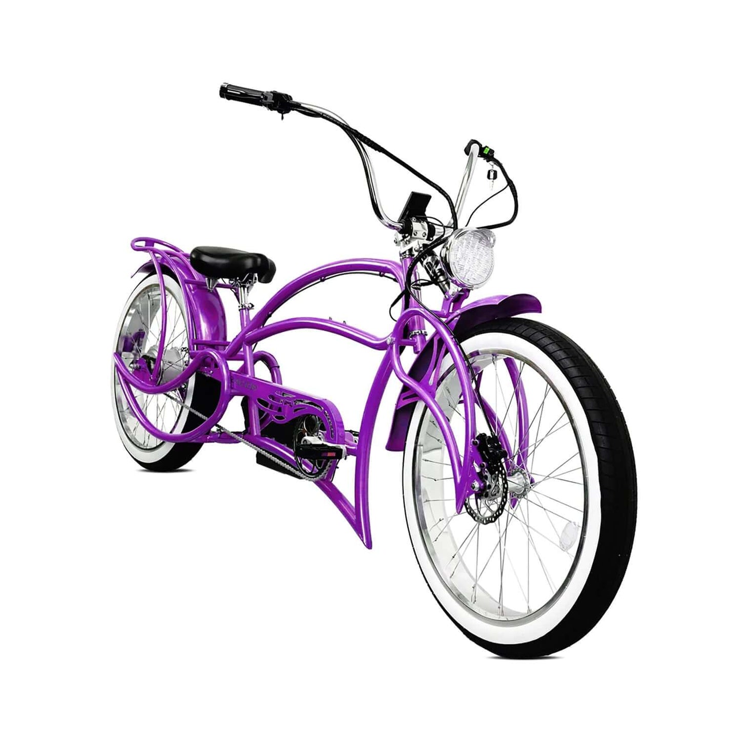 Tracer Beyond Pro Classic Stretch Chopper Electric Bike in vibrant purple color with unique design and white wall tires.