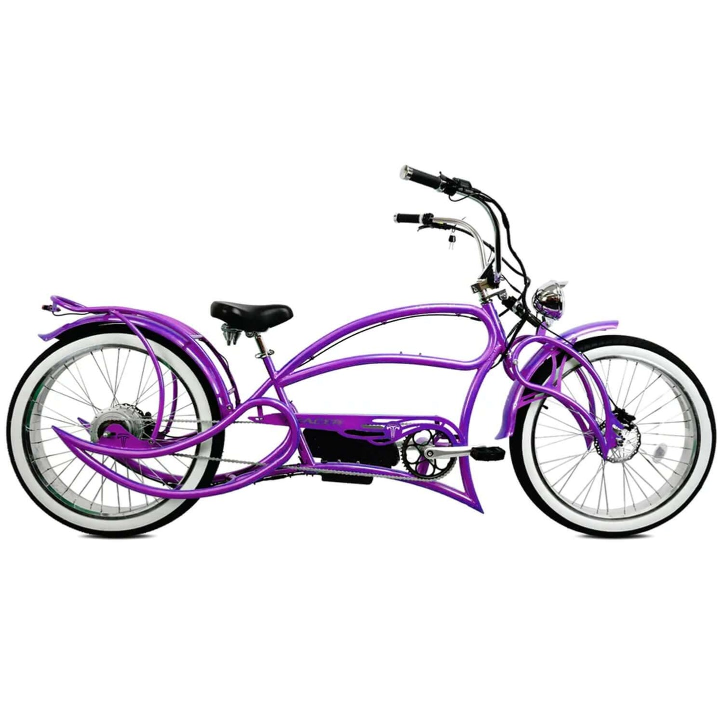 Tracer Beyond Pro Classic Stretch Chopper Electric Bike in vibrant purple with unique design and comfortable seating.
