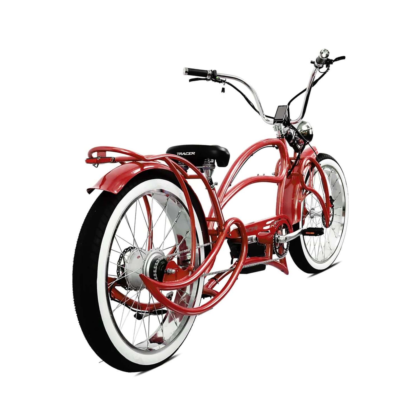 Tracer Beyond Pro Classic Stretch Chopper Electric Bike in striking red color from the rear angle.
