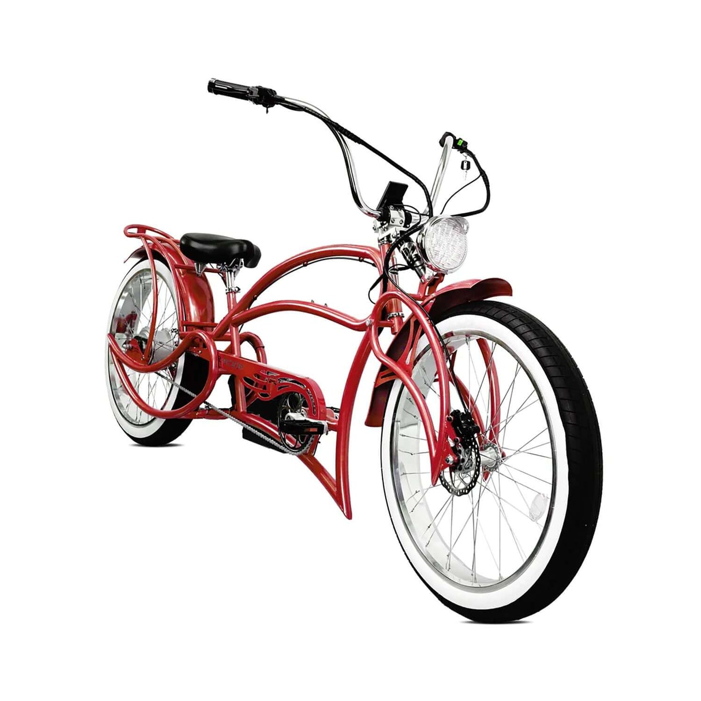 Tracer Beyond Pro Classic Stretch Chopper Electric Bike in vibrant red color with large wheels.
