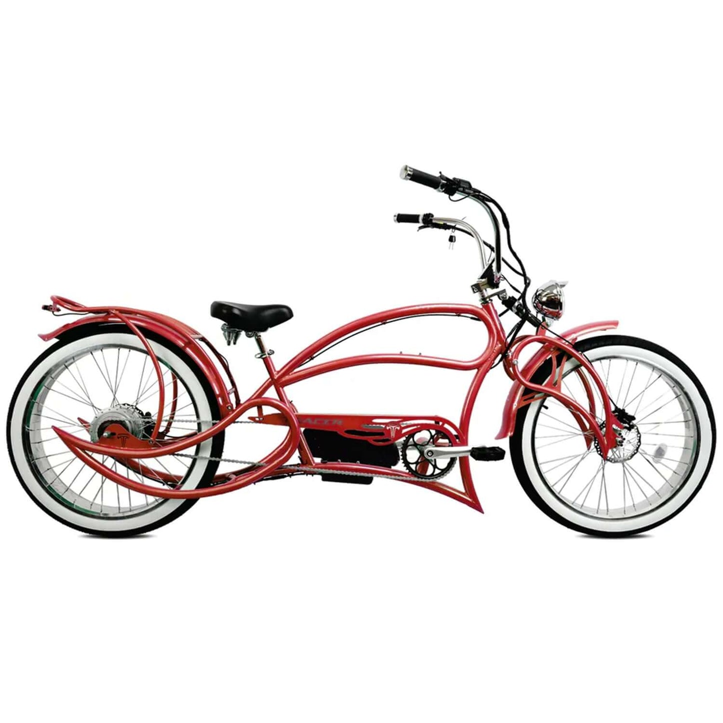 Tracer Beyond Pro Classic Stretch Chopper Electric Bike with a sleek red design and vintage styling.