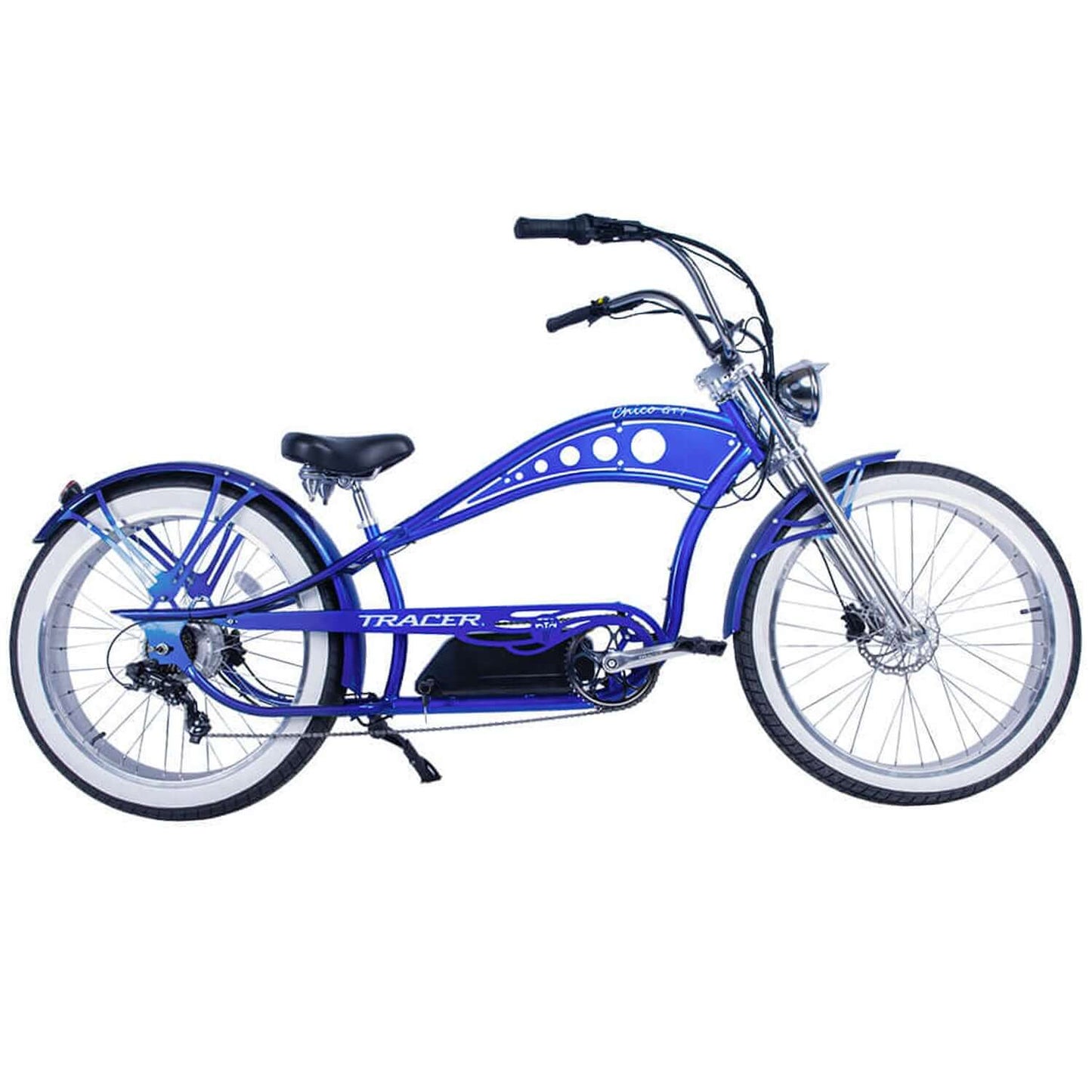 Tracer Chico GT7 Stretch Cruiser Electric Bike in blue with unique design and comfortable seating.