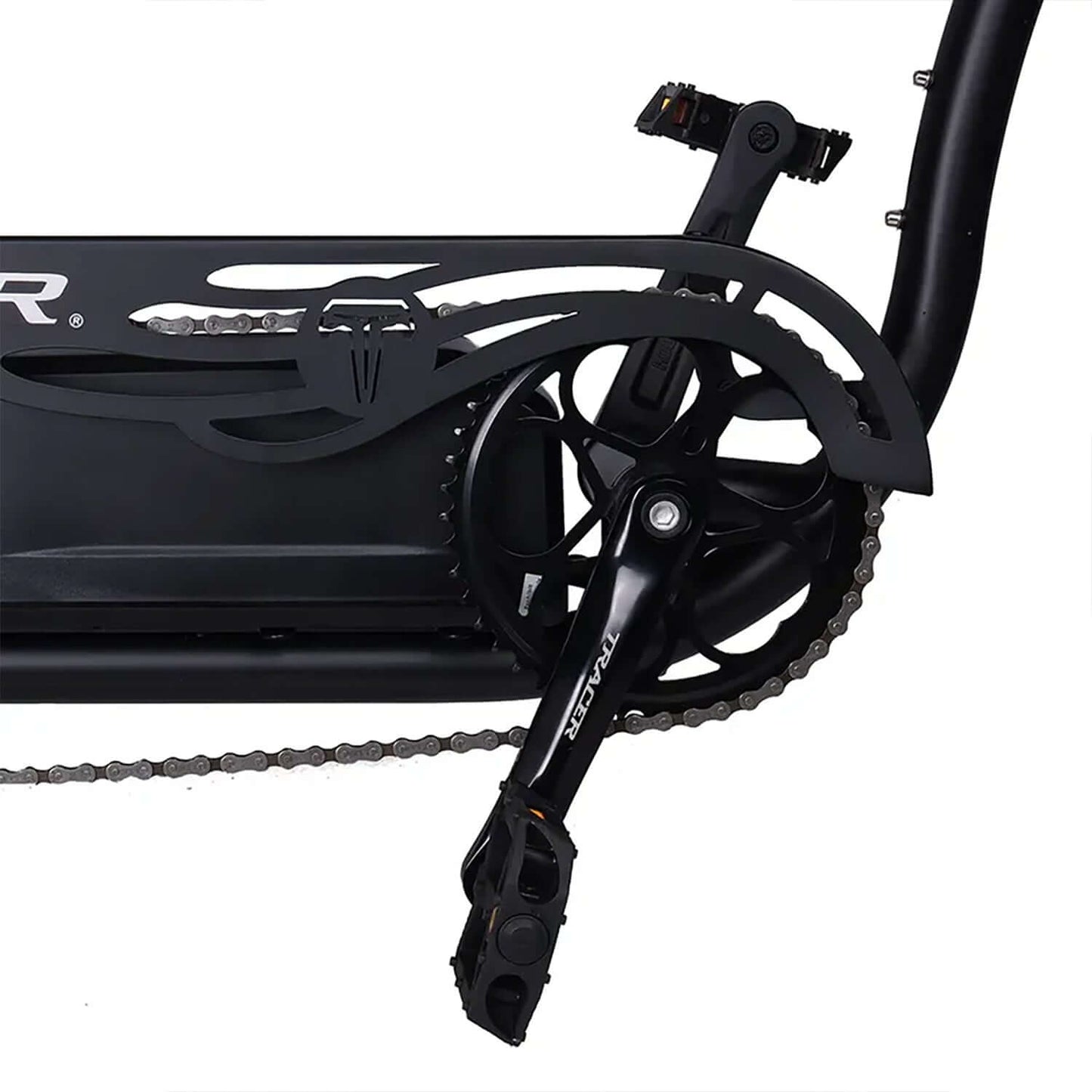 Close-up of the pedal and chain system on the Tracer Chico GT7 Stretch Cruiser Electric Bike.