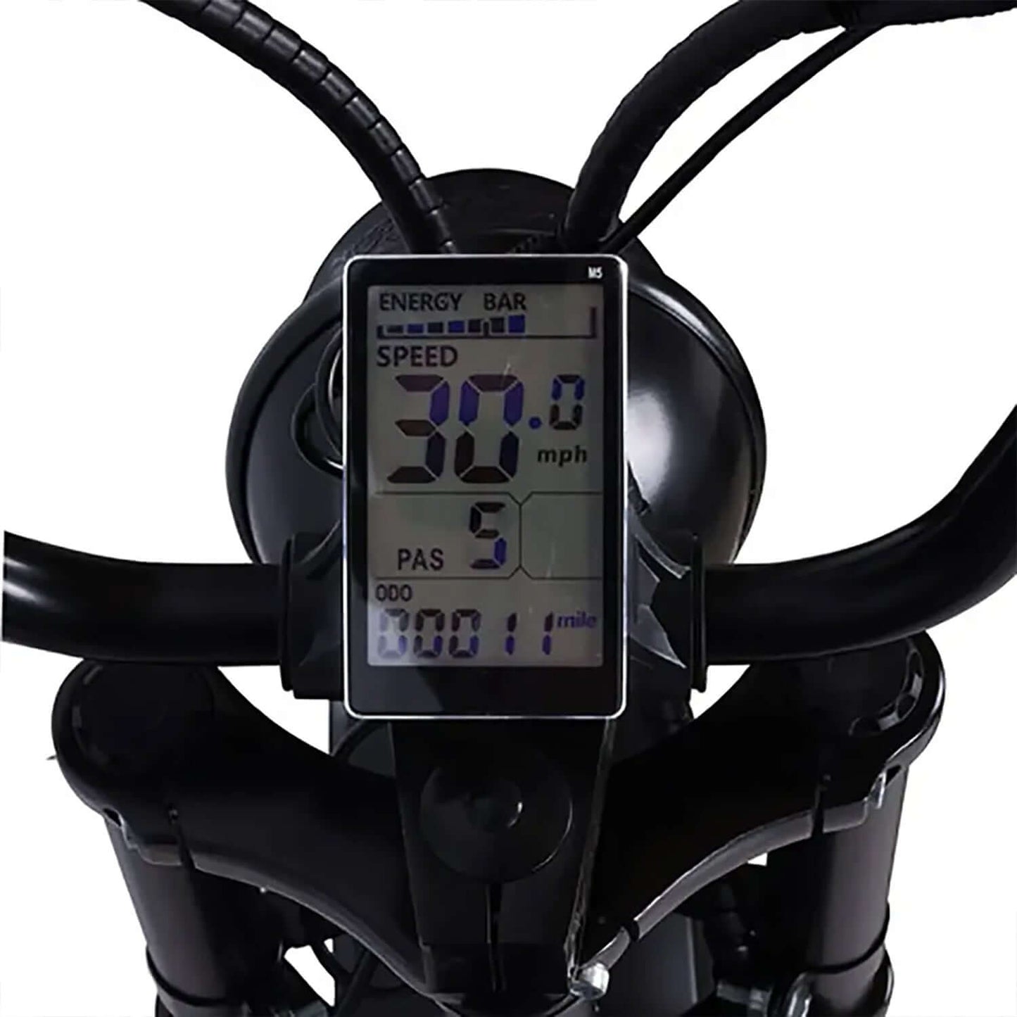 Electric bike display showing speed, PAS level, and odometer reading.