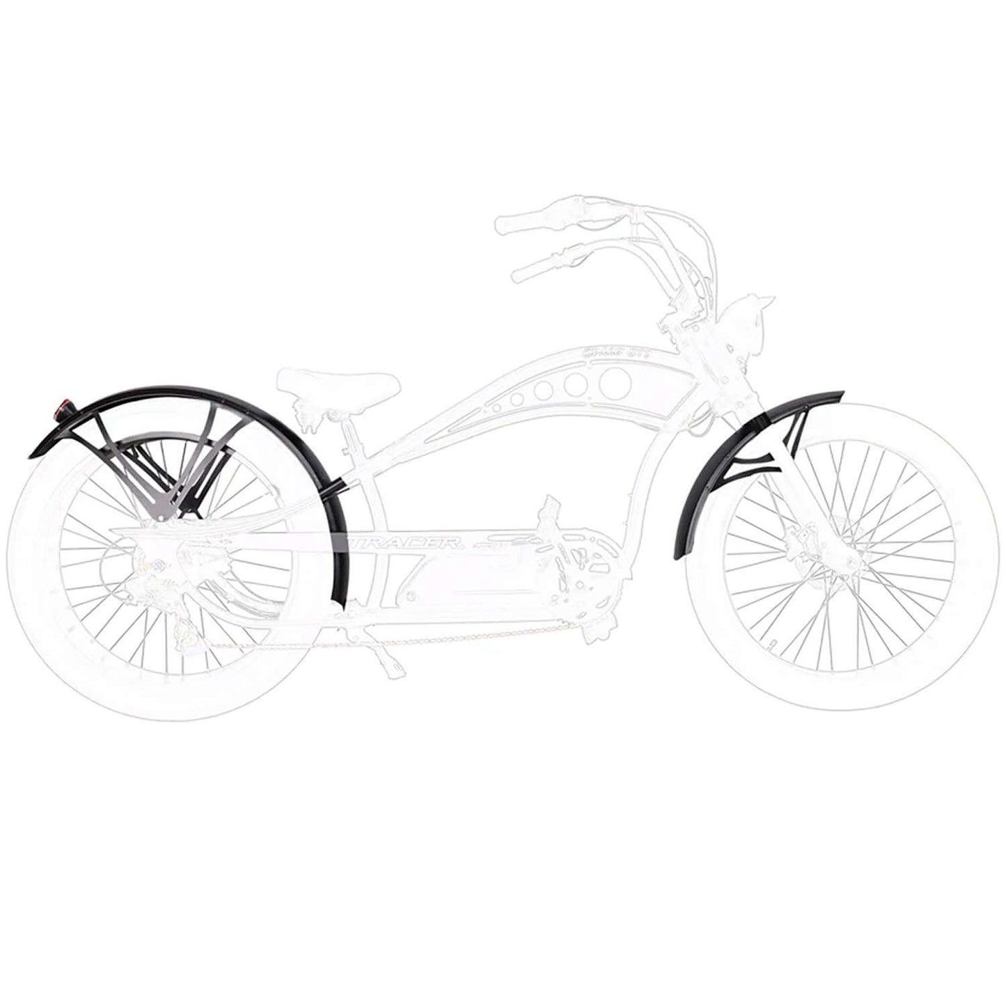Black fenders for Tracer Chico GT7 Stretch Cruiser Electric Bike enhance style and protection.