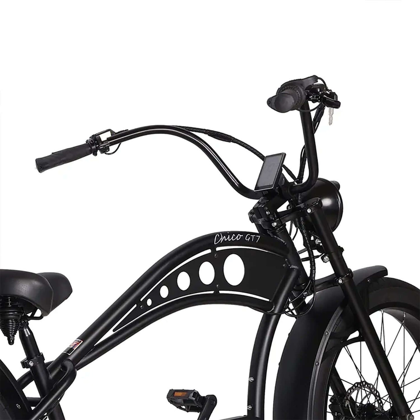 Close-up of Tracer Chico GT7 Stretch Cruiser Electric Bike handlebars and frame design.