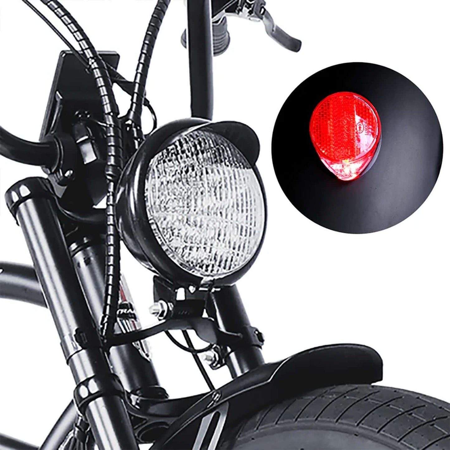 Close-up of Tracer Chico GT7 electric bike's headlight and rear light for safety.