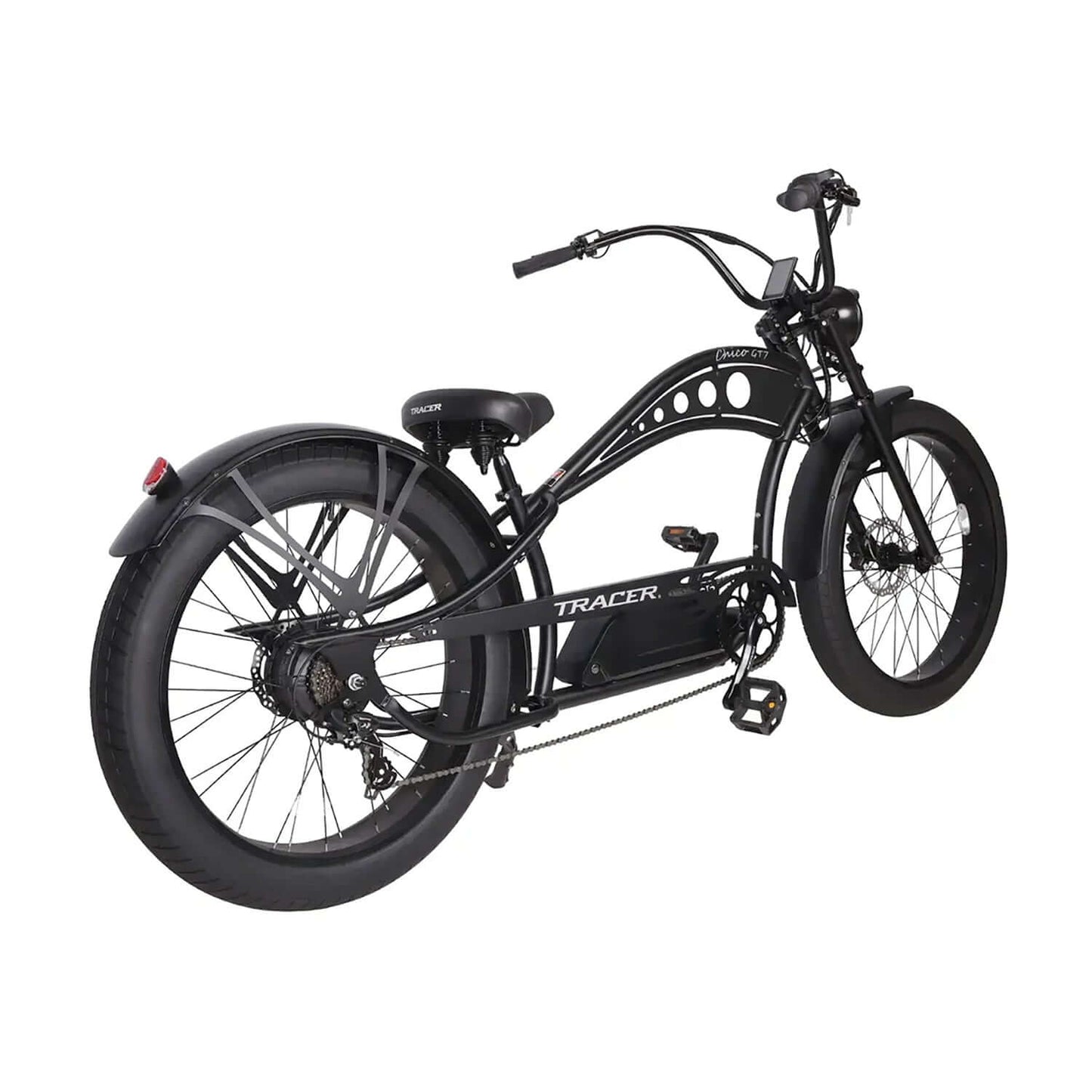 Tracer Chico GT7 Stretch Cruiser Electric Bike in black with wide tires and stylish frame design.