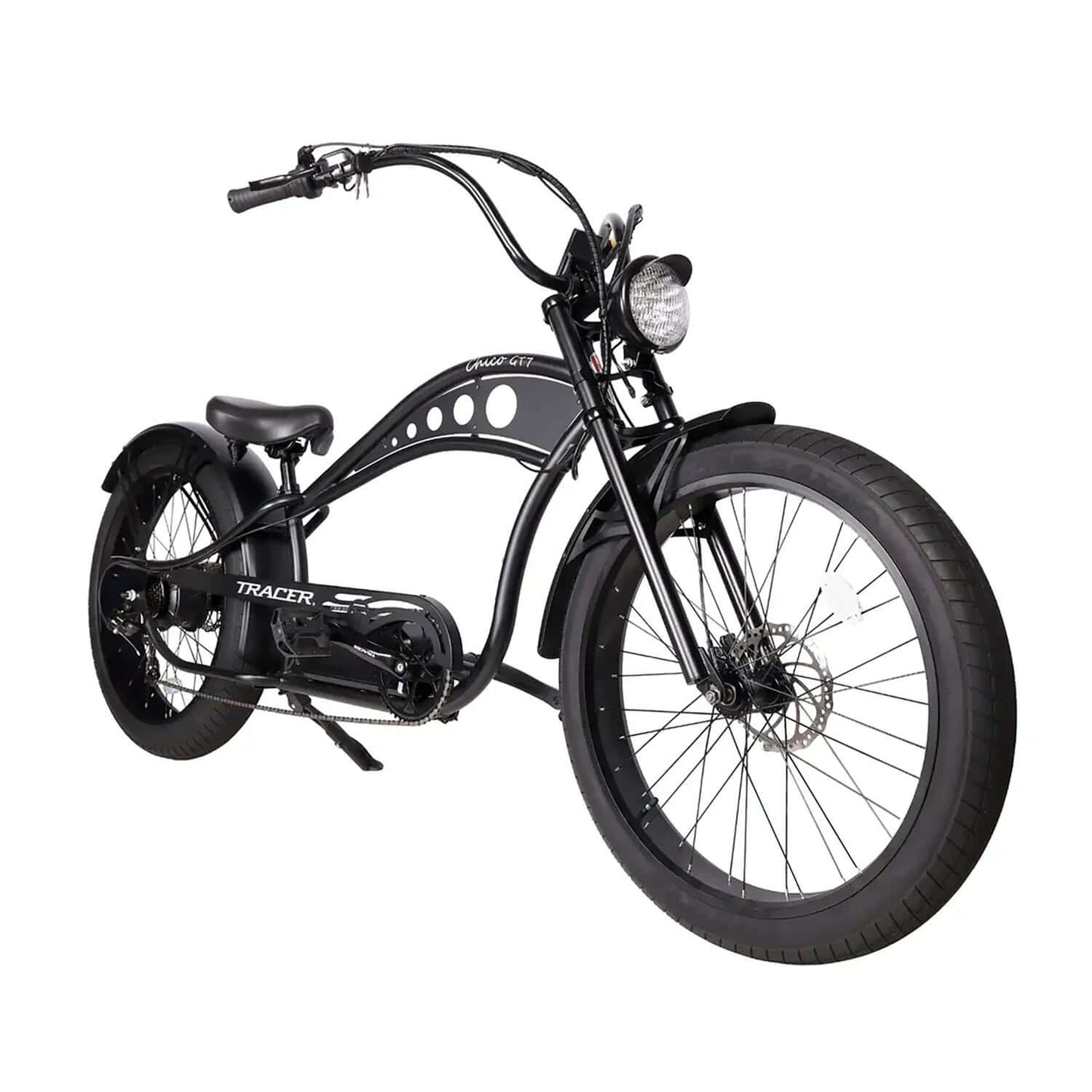 Tracer Chico GT7 Stretch Cruiser Electric Bike in sleek black design with large tires and retro style.