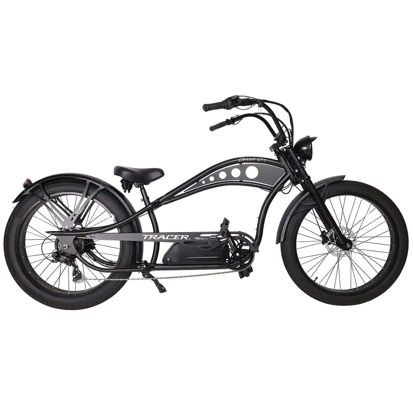 Tracer Chico GT7 Stretch Cruiser Electric Bike in sleek black design with wide tires and comfortable seating.