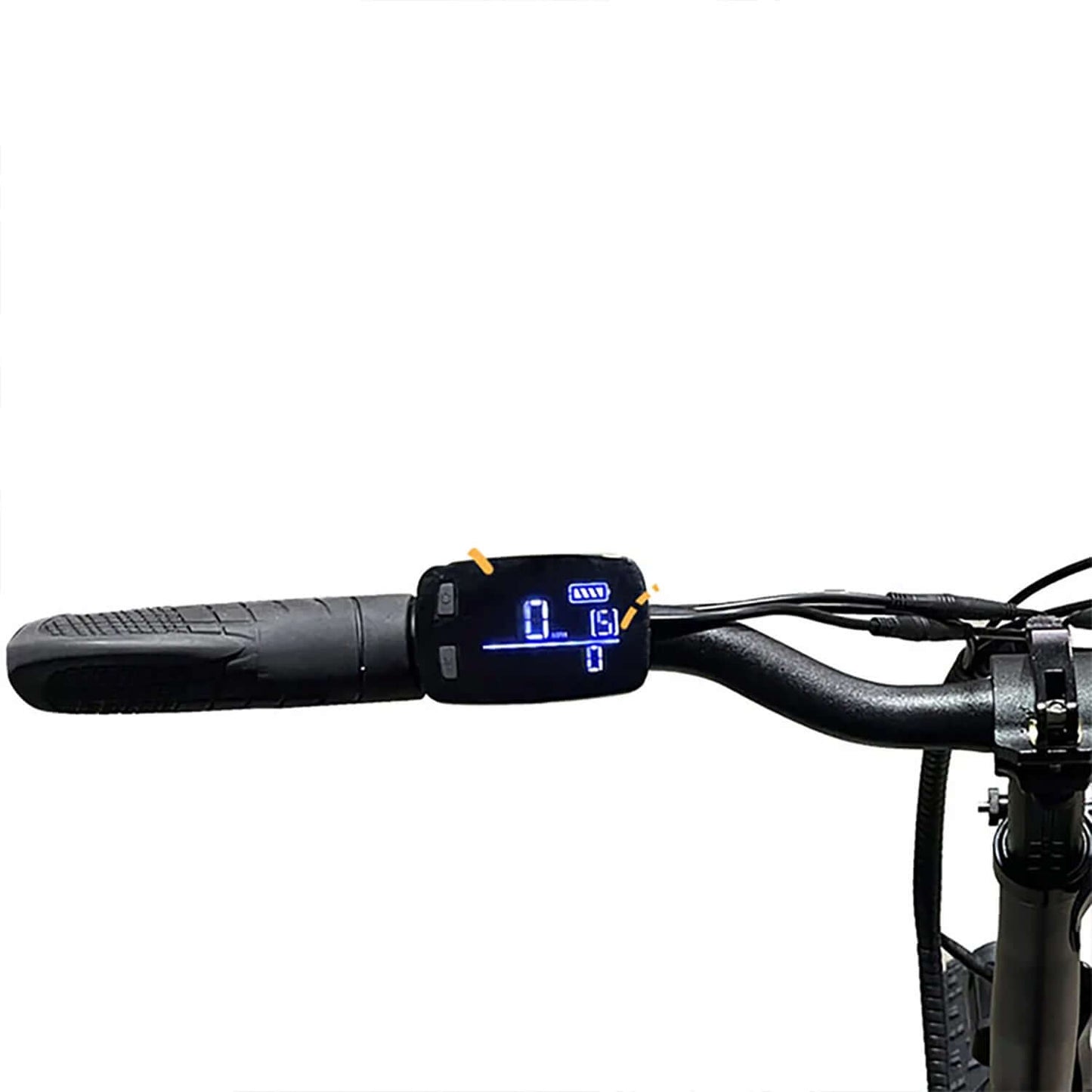 Digital display on Tracer Coyote foldable electric bike handlebars showing speed and battery level.