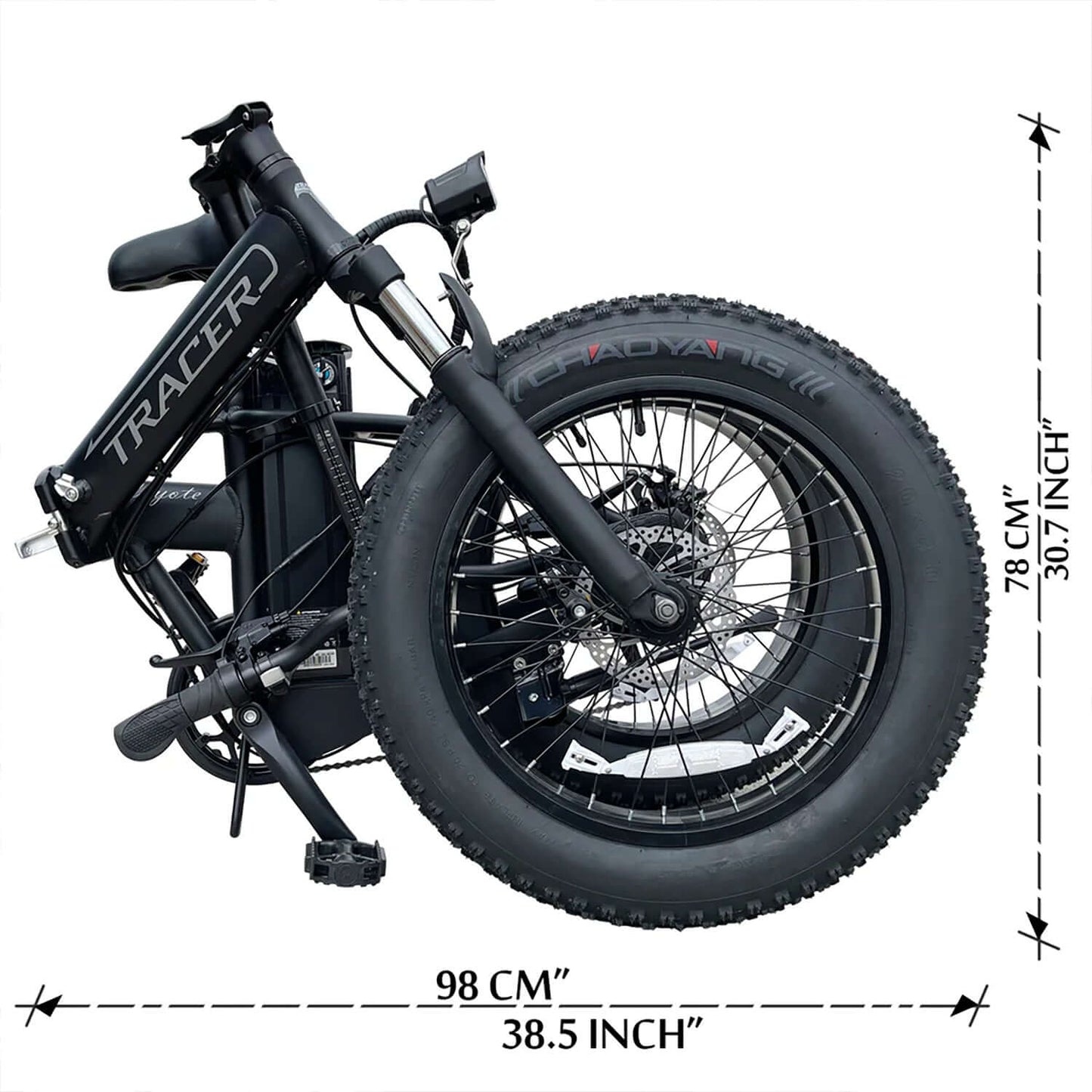 Tracer Coyote foldable electric bike dimensions showing 98 cm length, 78 cm height, and large wheels.