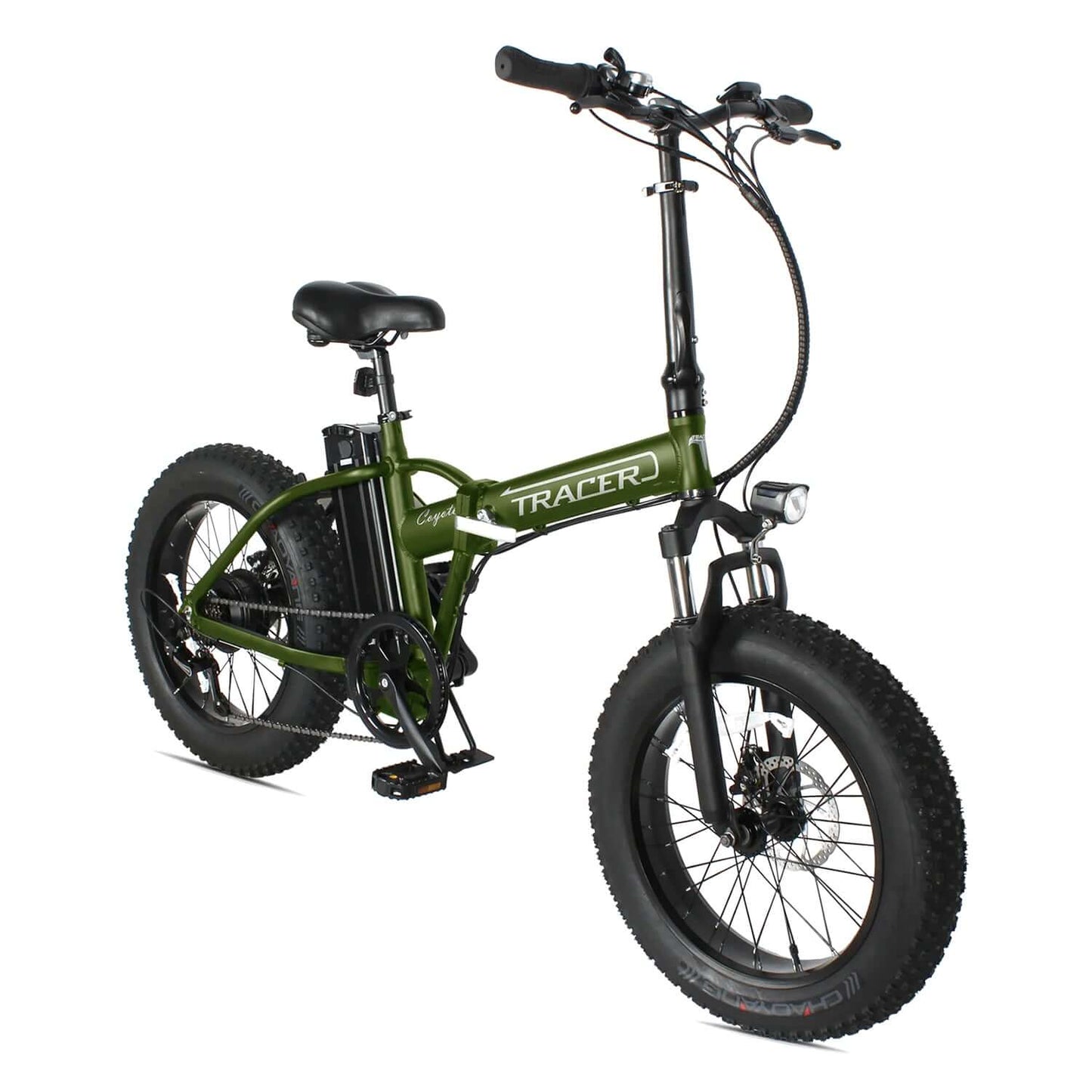 Tracer Coyote foldable electric bike in green with fat tires and adjustable seat.