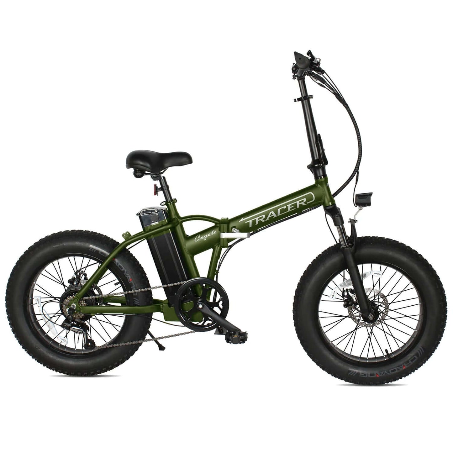 Tracer Coyote foldable electric bike in green with fat tires and sleek design.
