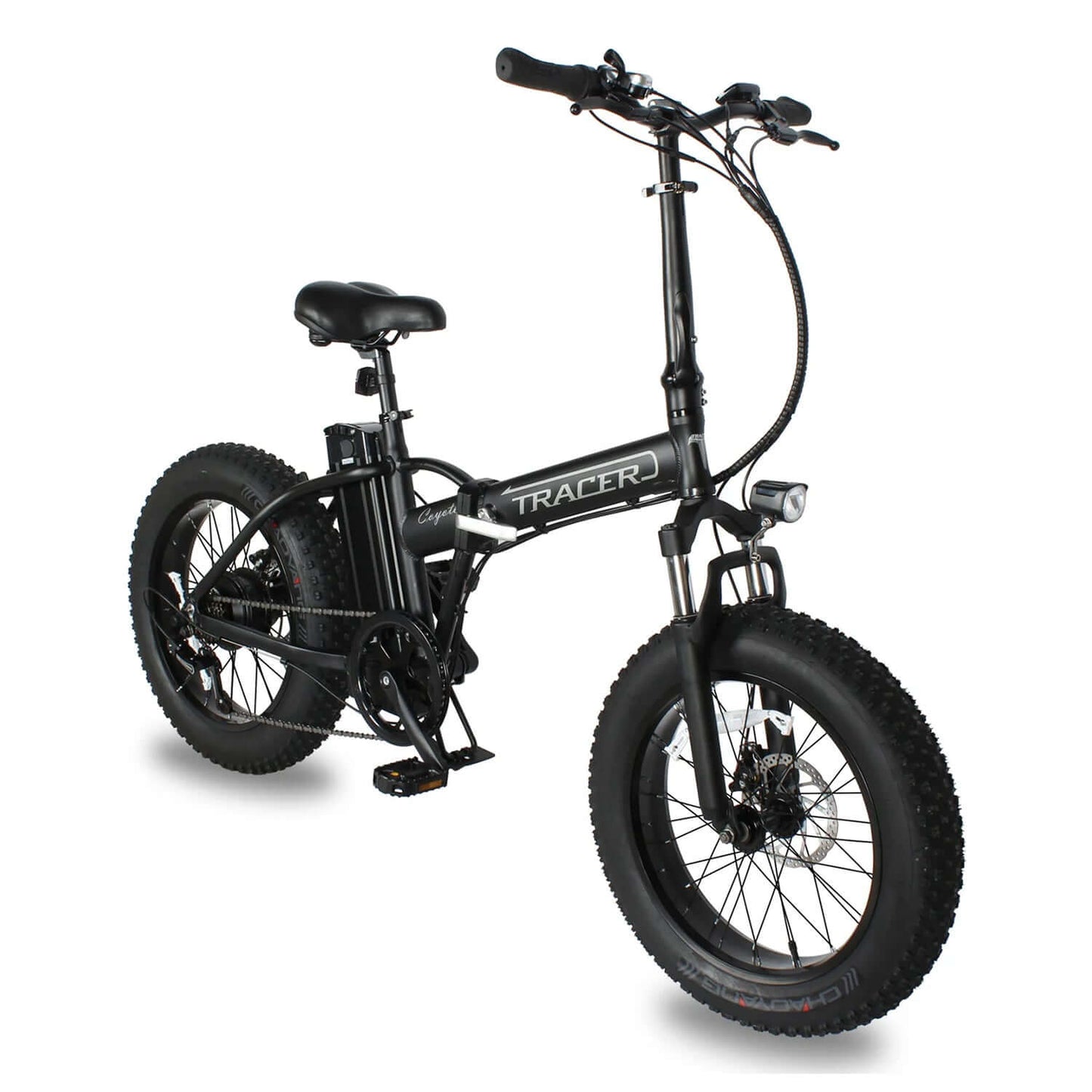 Tracer Coyote 48V 500W foldable electric bike with fat tires and adjustable seat.