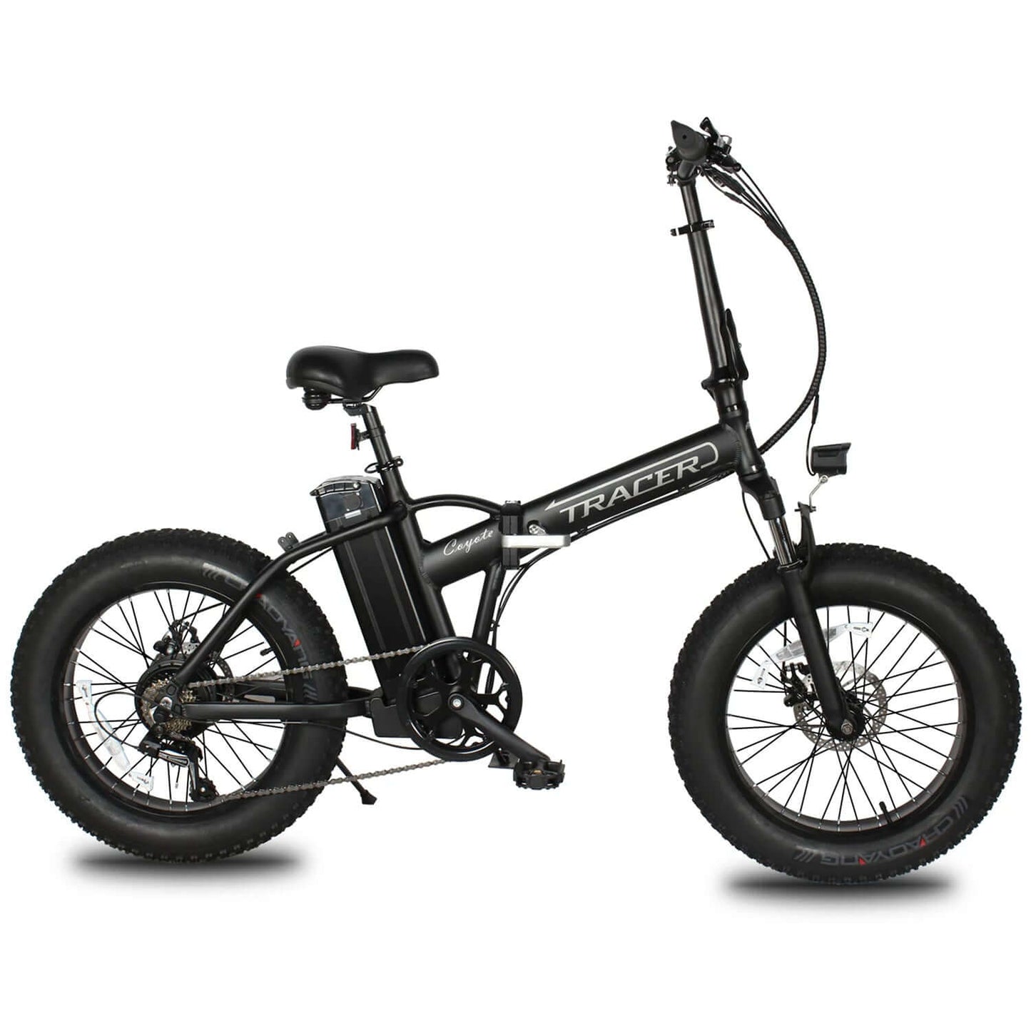 Tracer Coyote foldable electric bike with fat tires, 48V 500W motor, showcasing a sleek black design.