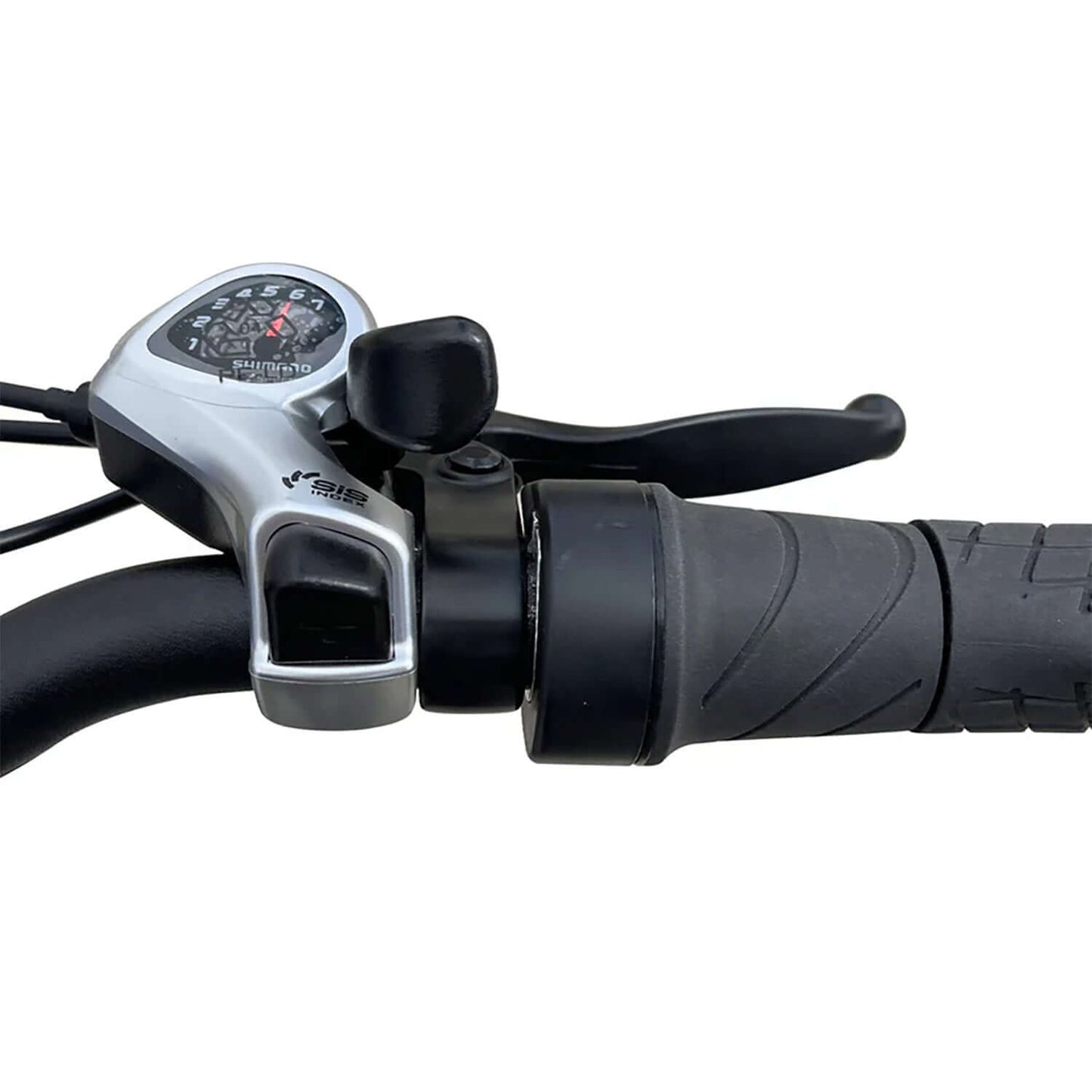 Close-up of Tracer Coyote foldable electric bike handlebar with gear shifter and throttle.