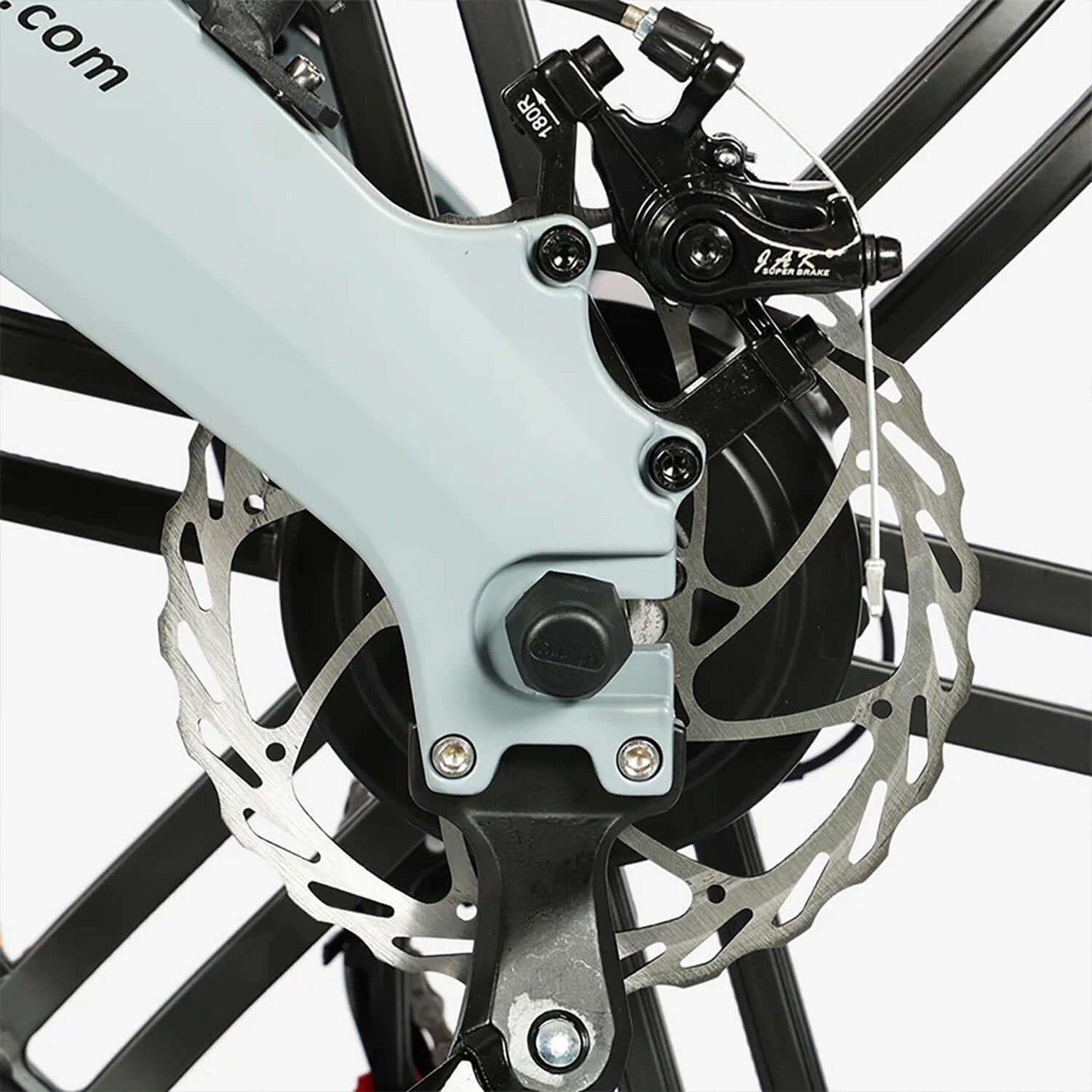 Close-up of the braking system and disc brake on the Tracer Kama 2.0 Folding Electric Bike.