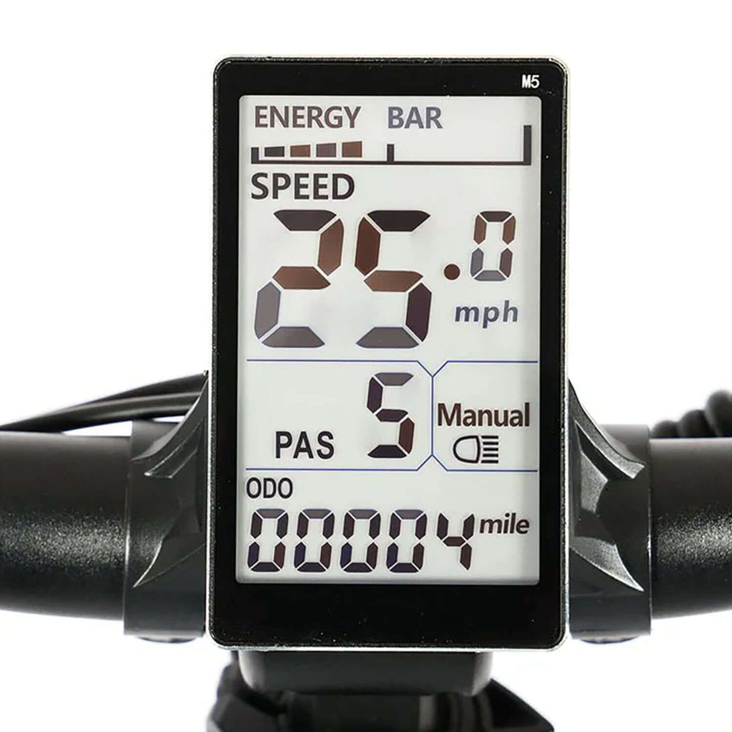 Electric bike display showing speed of 25.0 mph, energy bar, PAS level 5, and odometer reading of 00004 miles.