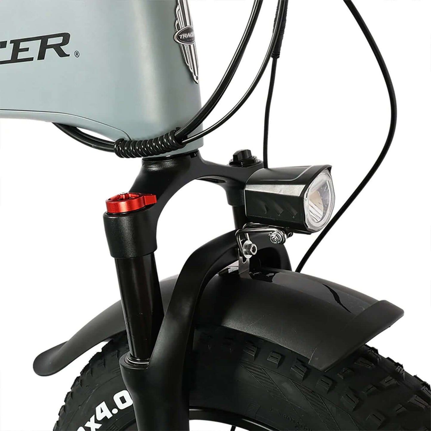 Close-up of Tracer Kama 2.0 folding electric bike front light and fork design.