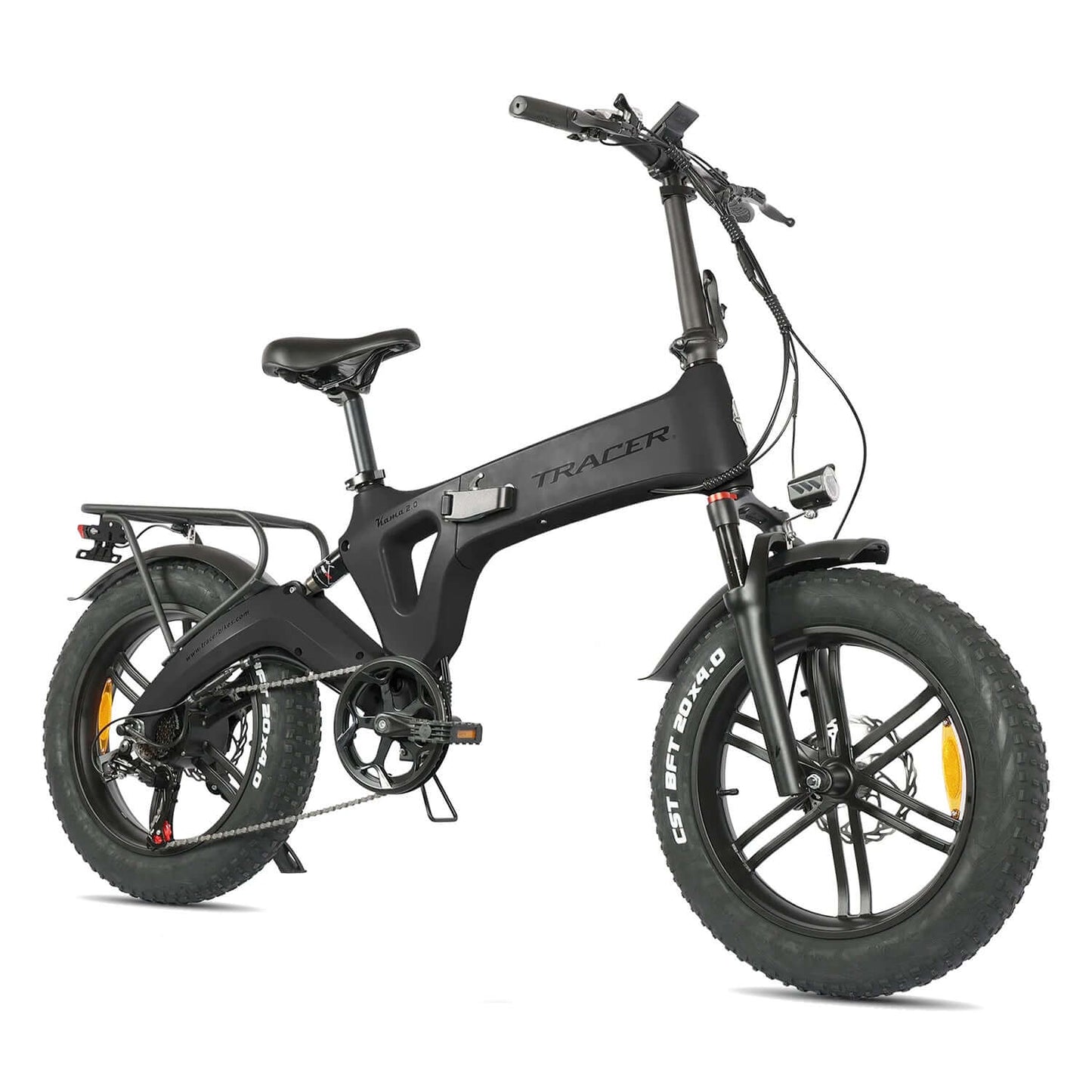 Tracer Kama 2.0 Folding Electric Bike in black color with fat tires and sleek design for urban commuting.