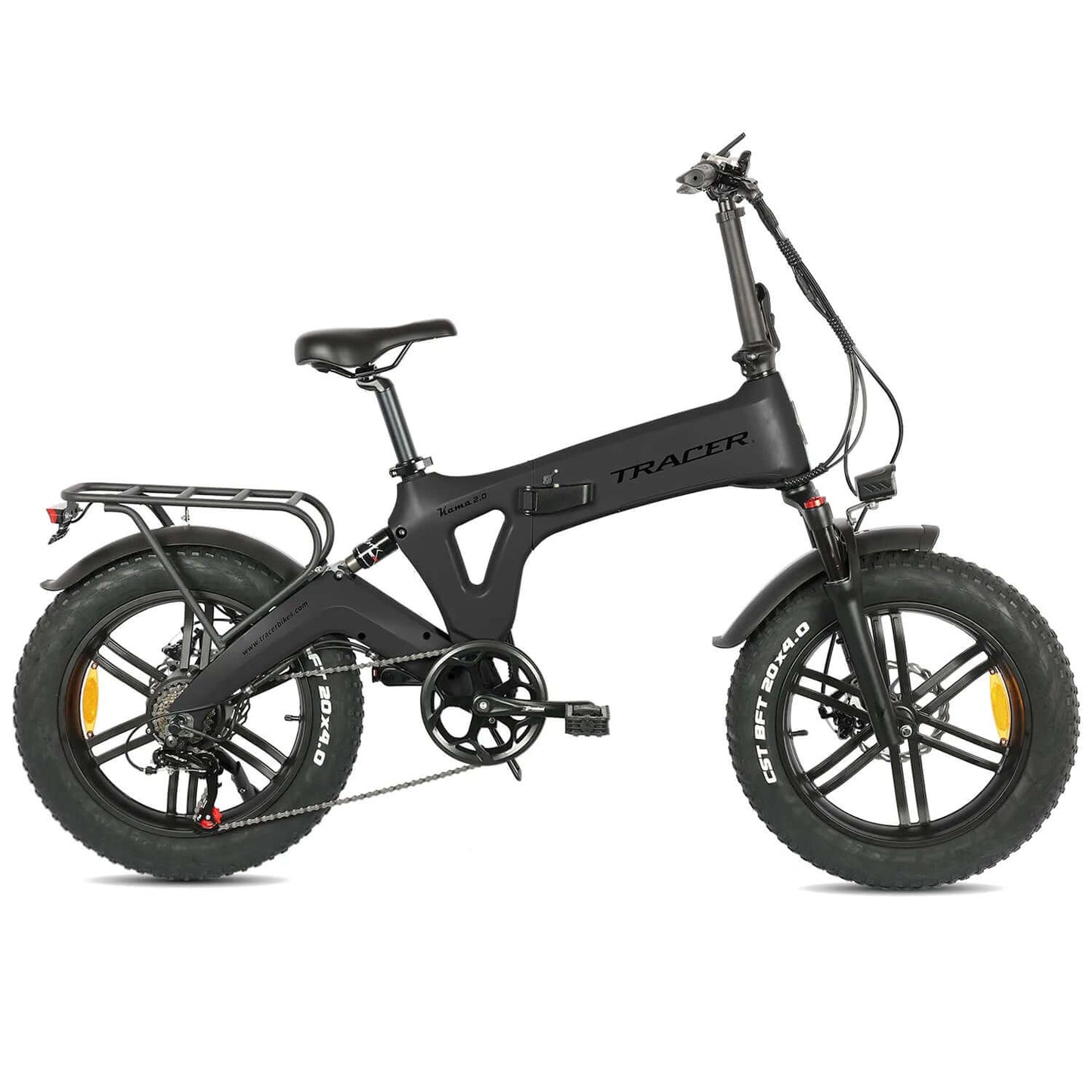 Tracer Kama 2.0 Folding Electric Bike with fat tires and sleek black design.