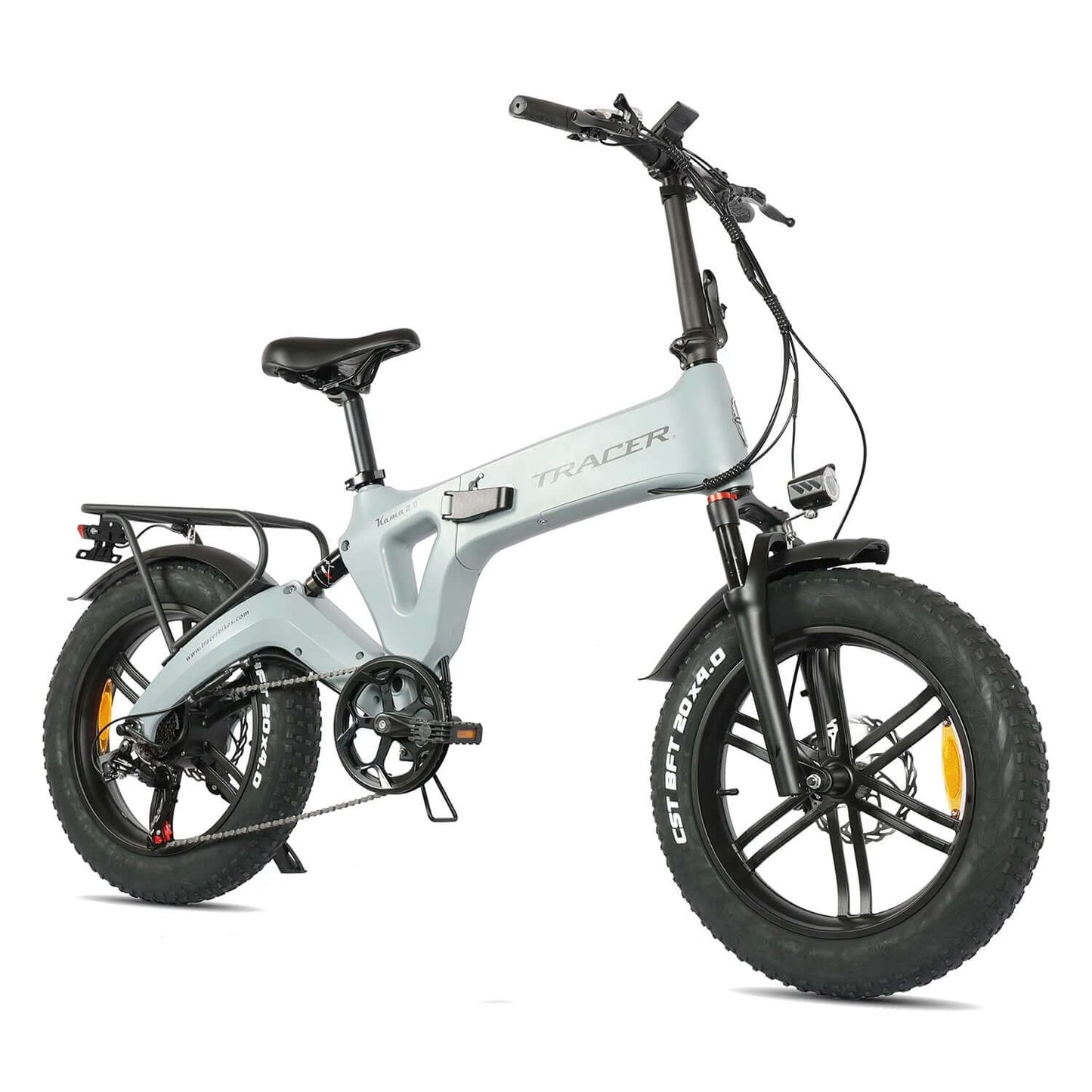 Tracer Kama 2.0 Folding Electric Bike with fat tires and a sleek gray frame, ideal for urban commuting and adventures.