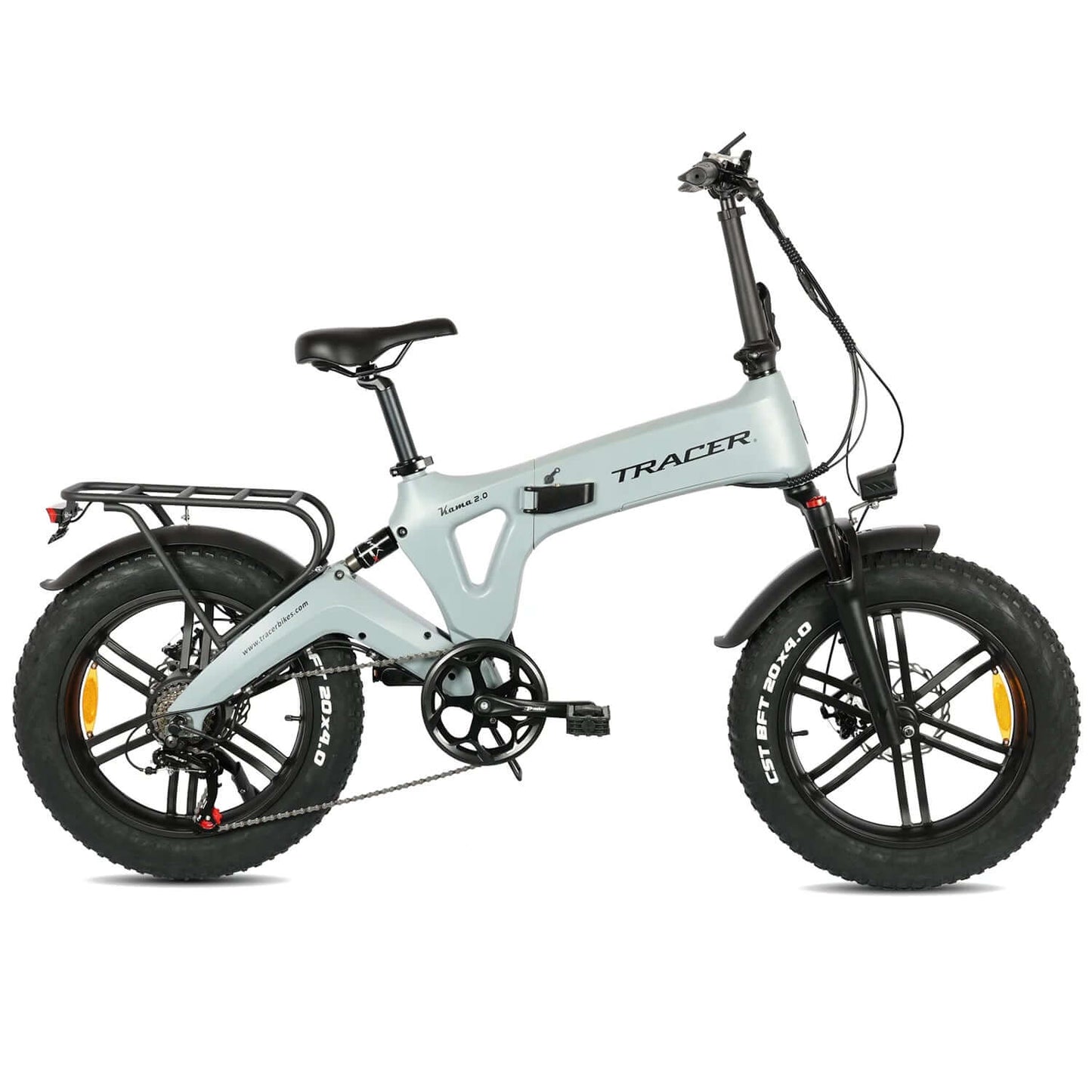 Tracer Kama 2.0 Folding Electric Bike in stylish grey design, equipped with fat tires for enhanced stability and comfort.