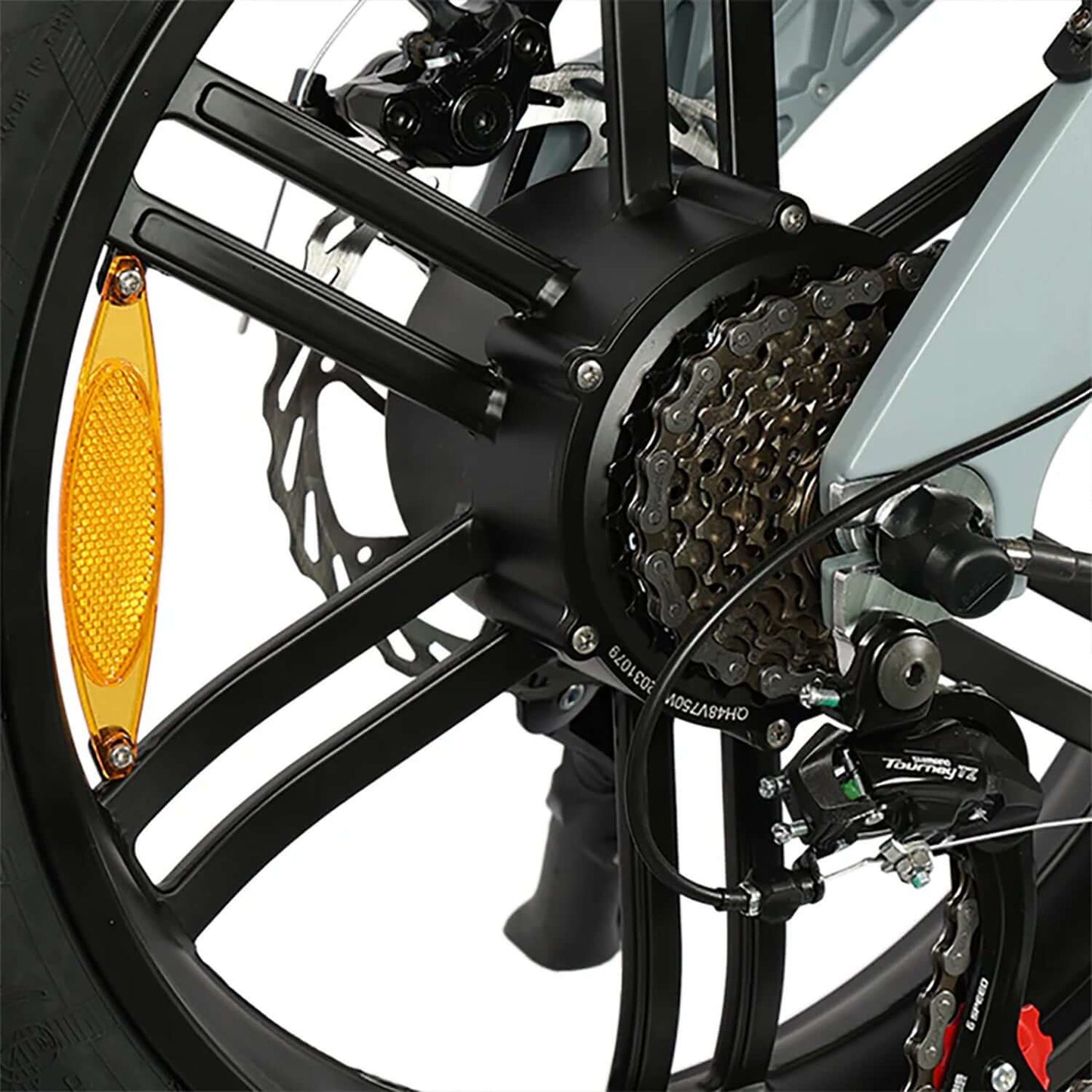 Close-up view of the rear wheel drivetrain components of the Tracer Kama 2.0 Folding Electric Bike.