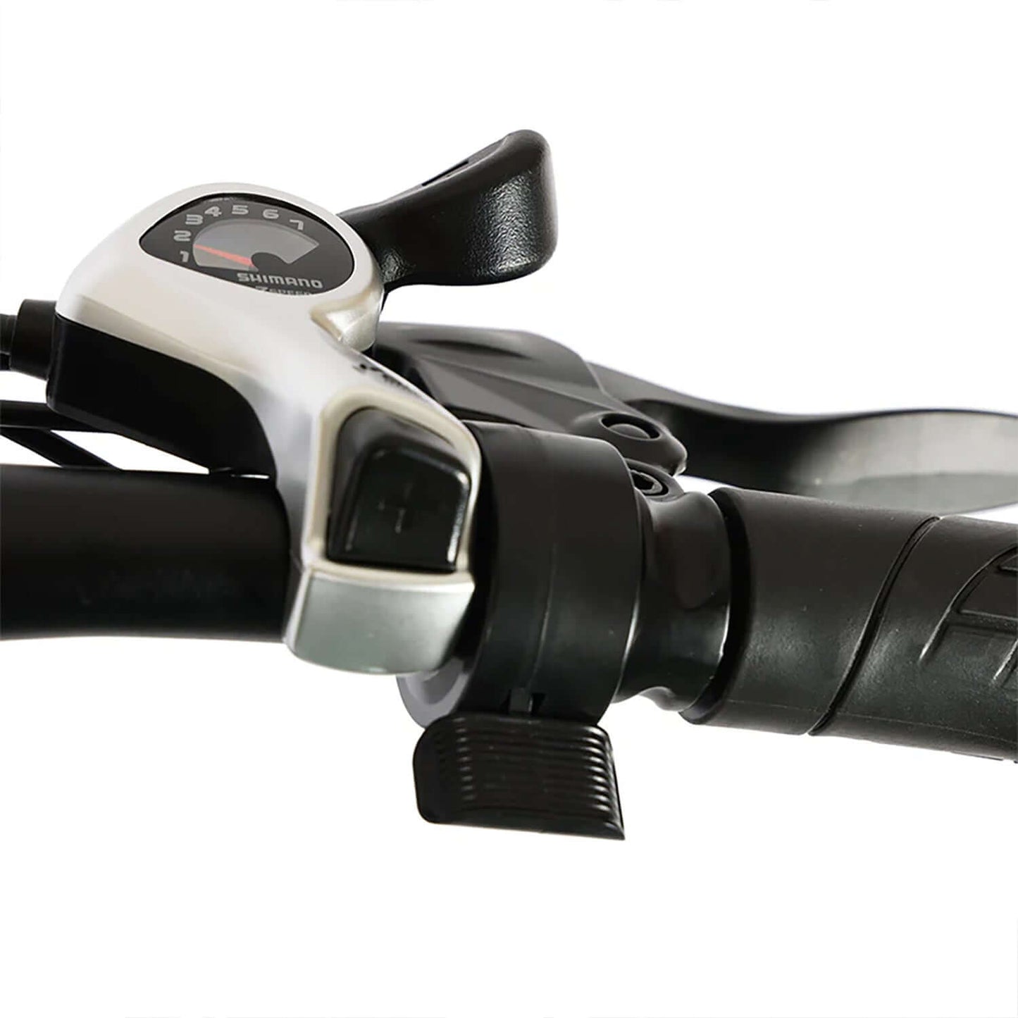 Close-up of Shimano gear shifter on the handlebar of a Tracer Kama 2.0 Folding Electric Bike.