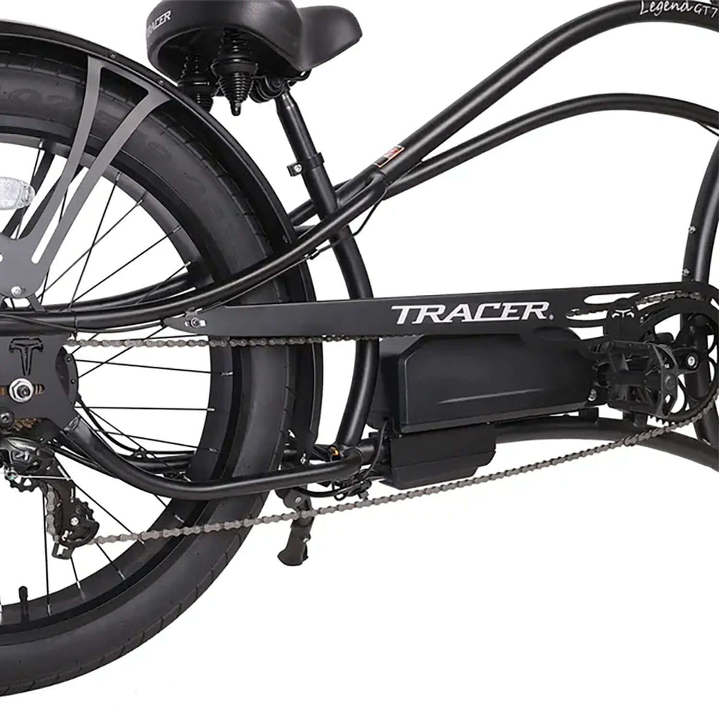 Close-up view of Tracer Legend GT7 Stretch Cruiser Chopper Electric Bike's frame and motor components.