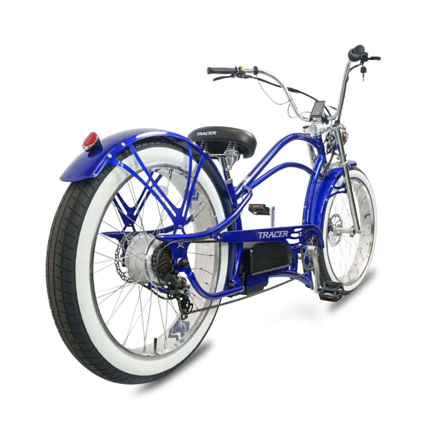 Back view of the Tracer Legend GT7 Stretch Cruiser Chopper Electric Bike in blue with white tires.