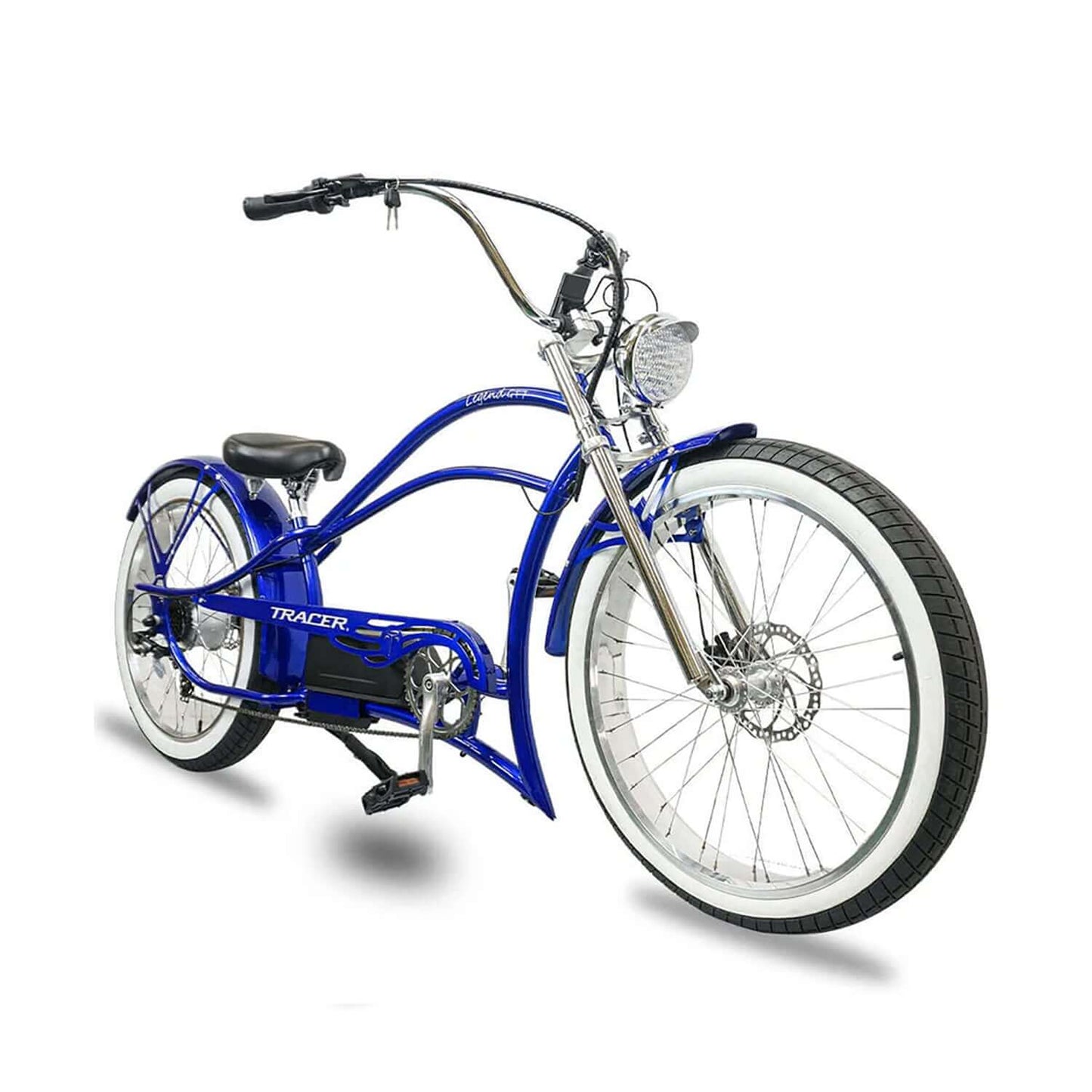 Tracer Legend GT7 Stretch Cruiser Chopper Electric Bike in blue with sleek design and white tires