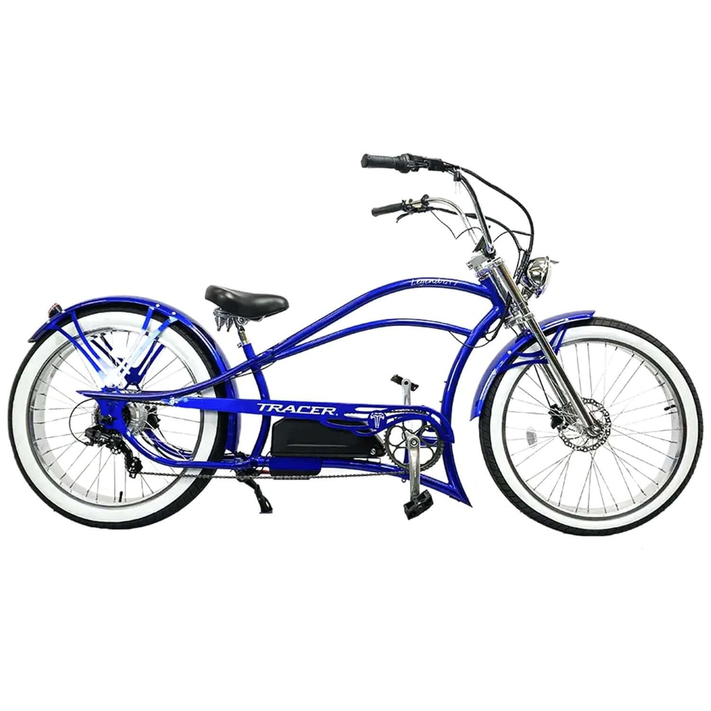 Tracer Legend GT7 Stretch Cruiser Chopper Electric Bike in blue with chrome accents and comfortable seating.