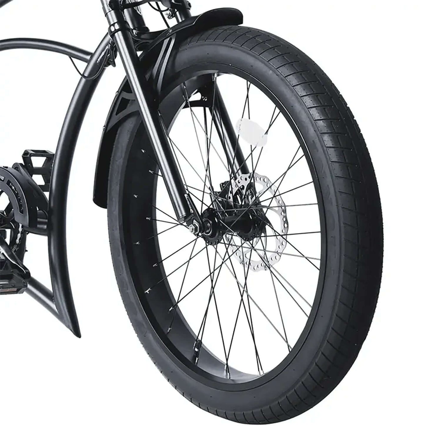 Close-up of the front wheel and tire of the Tracer Legend GT7 Stretch Cruiser Electric Bike showing sturdy design and detail.