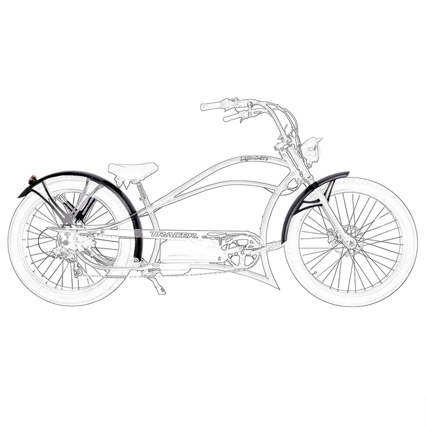 Tracer Legend GT7 Stretch Cruiser Chopper Electric Bike side view, highlighting its unique design and features.